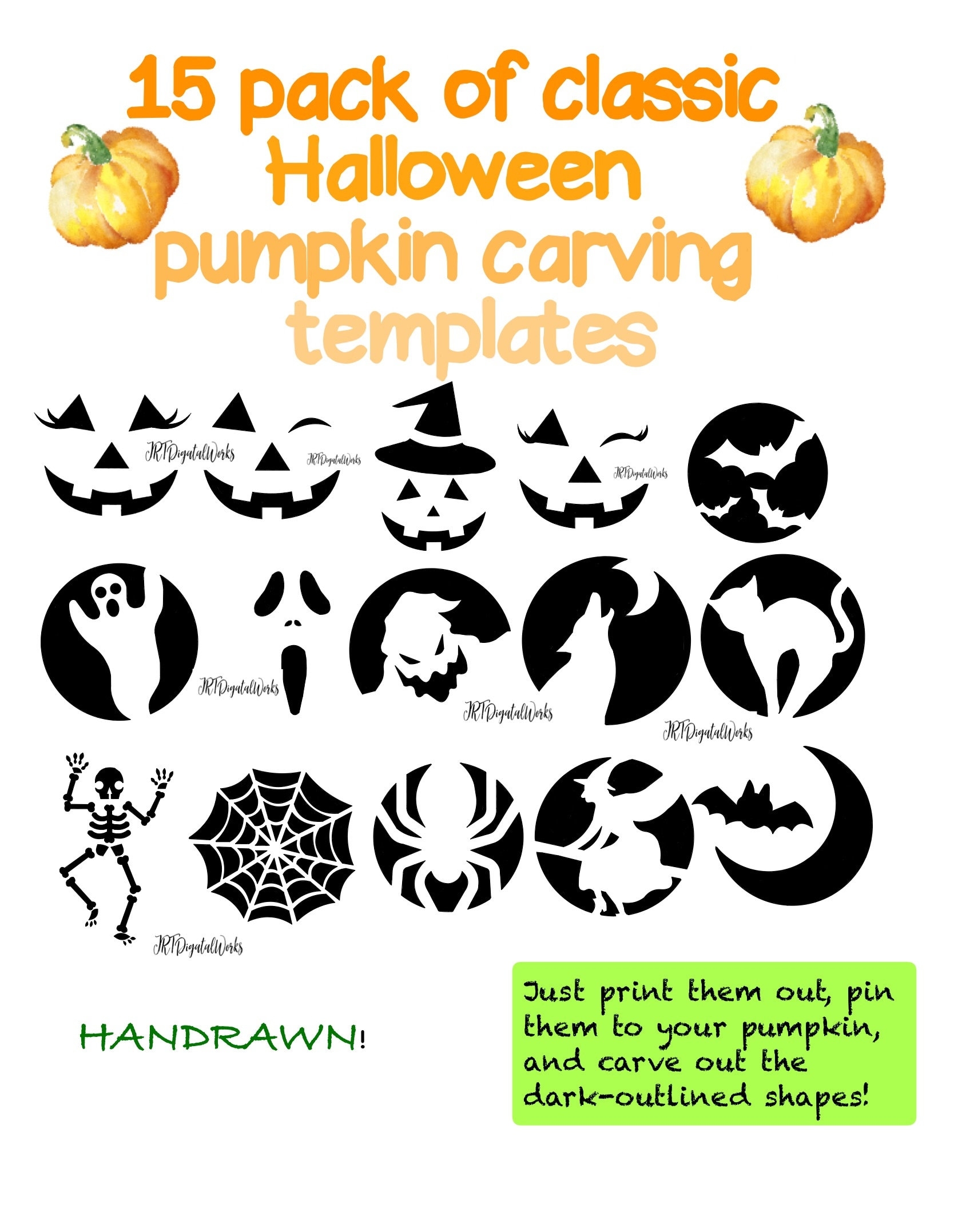 15 HANDRAWN Digital Printable Pumpkin Carving Stencils templates Etsy