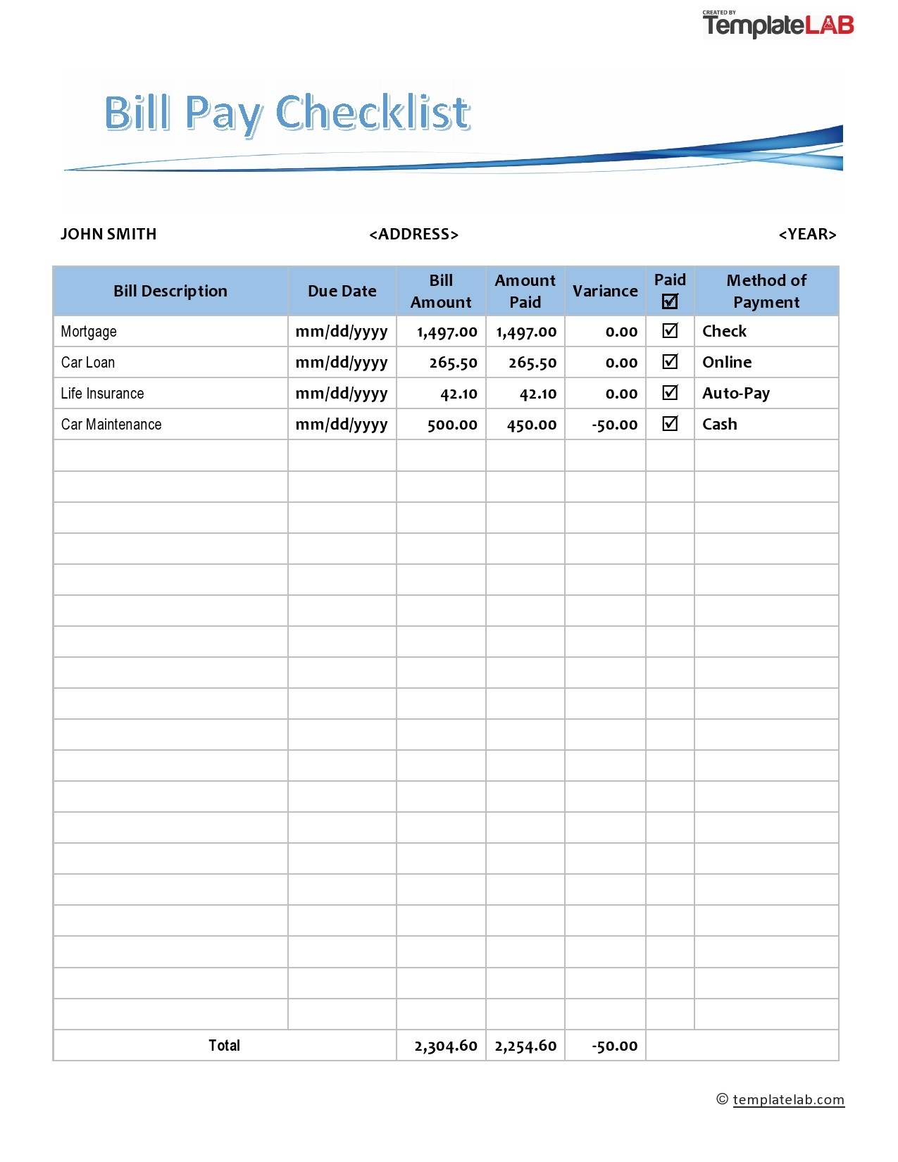 Free Printable Bill Checklist