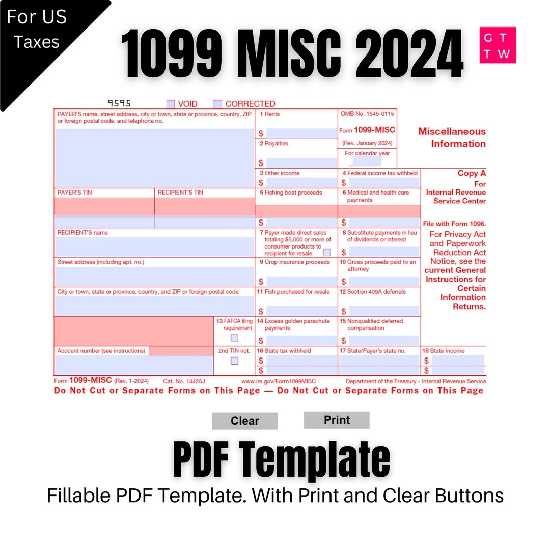 2024 1099 MISC IRS Forms Copy A Print Template PDF Fillable With Clear And Print Buttons Print On Preprinted Form Digital Download Etsy