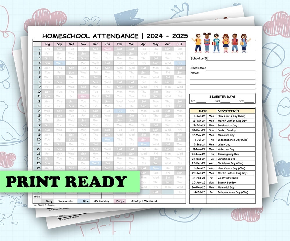 2024 2025 Homeschool Kit Attendance Recording Log Sheet For Kids Teens Education And Learning Printable Planner With Semesters Etsy