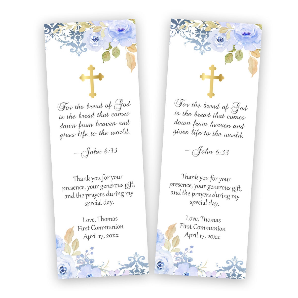 30 Girl Boy First Holy Communion Bookmarks Favor Floral Blue Name Personalized EBay