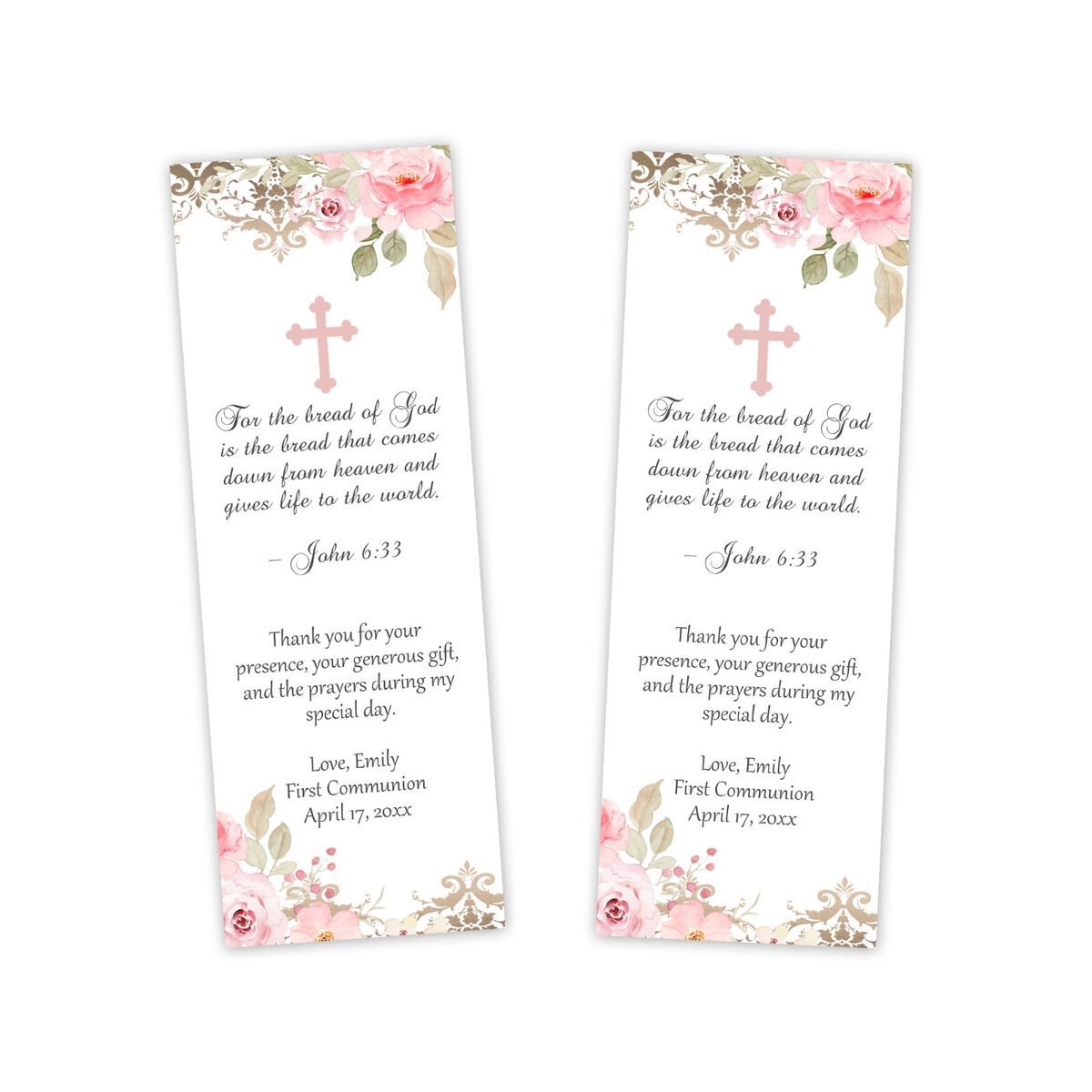30 Girl First Holy Communion Bookmarks Favor Floral Pink Name Personalized EBay