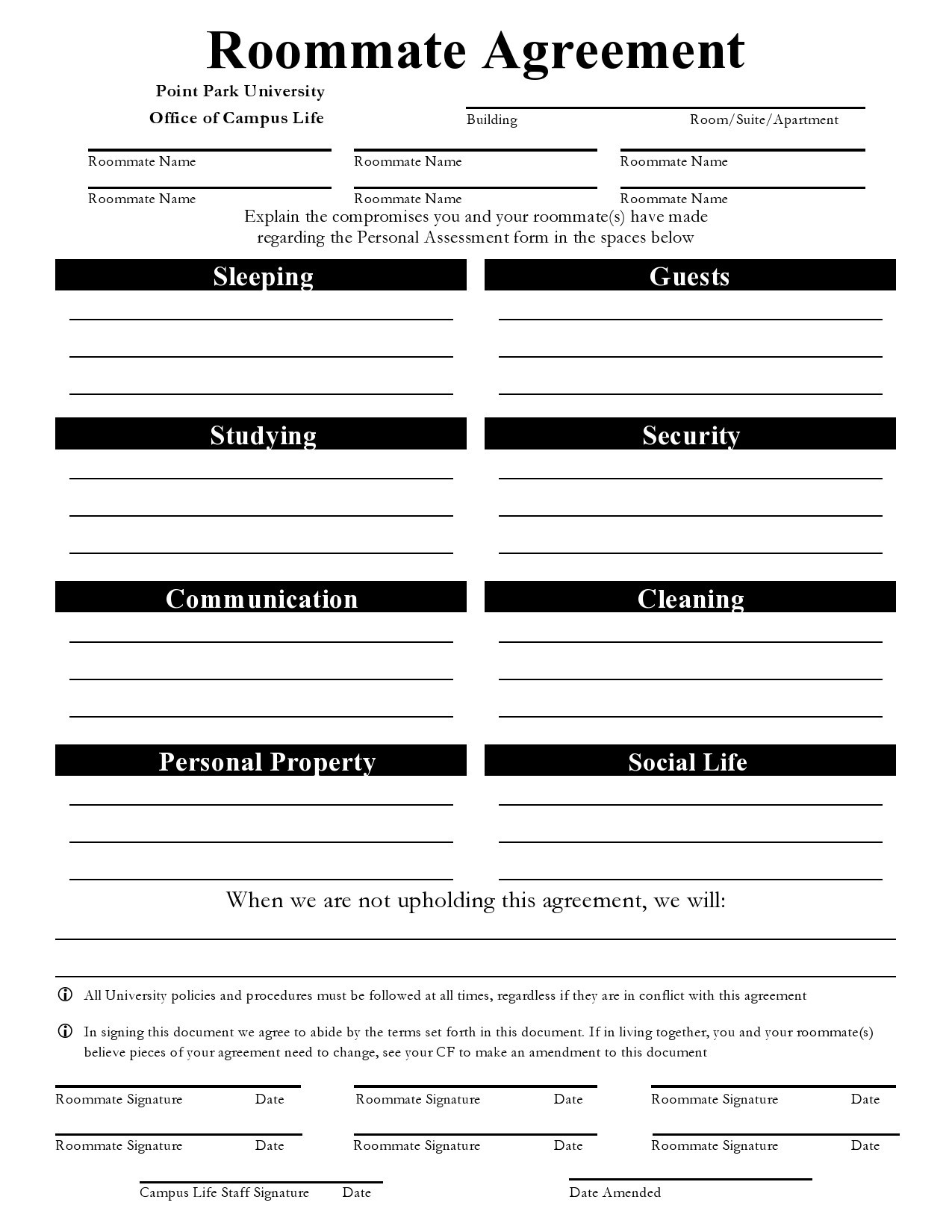 Free Printable Roommate Agreement Florida
