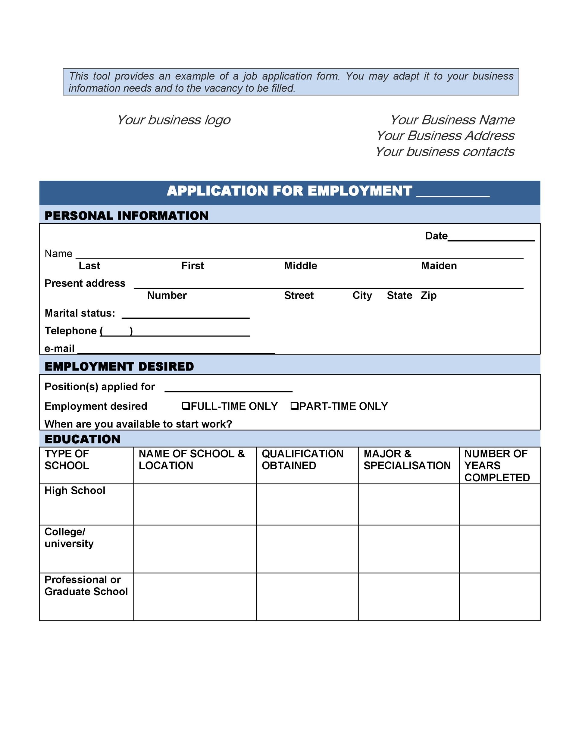 50 Free Employment Job Application Form Templates Printable TemplateLab