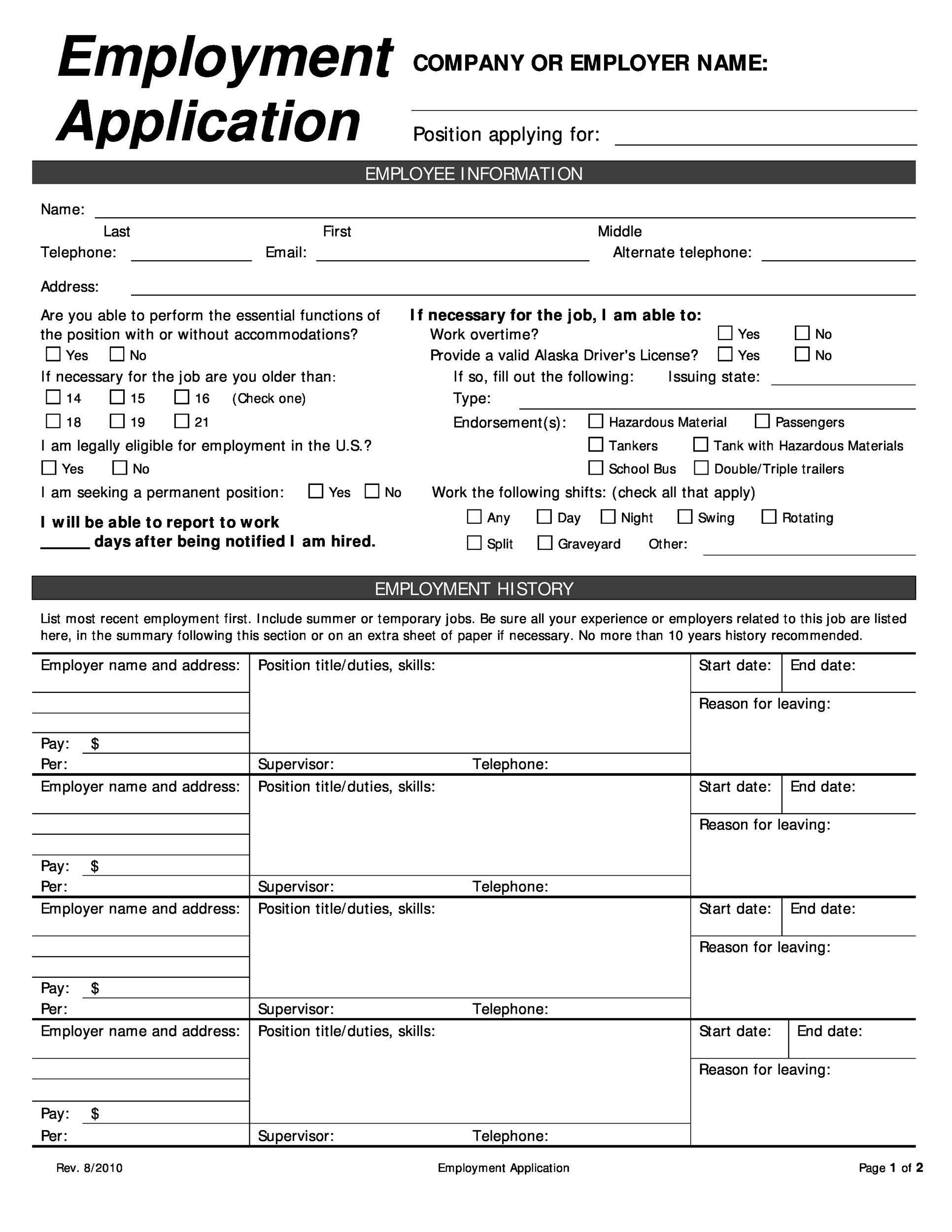 50 Free Employment Job Application Form Templates Printable TemplateLab