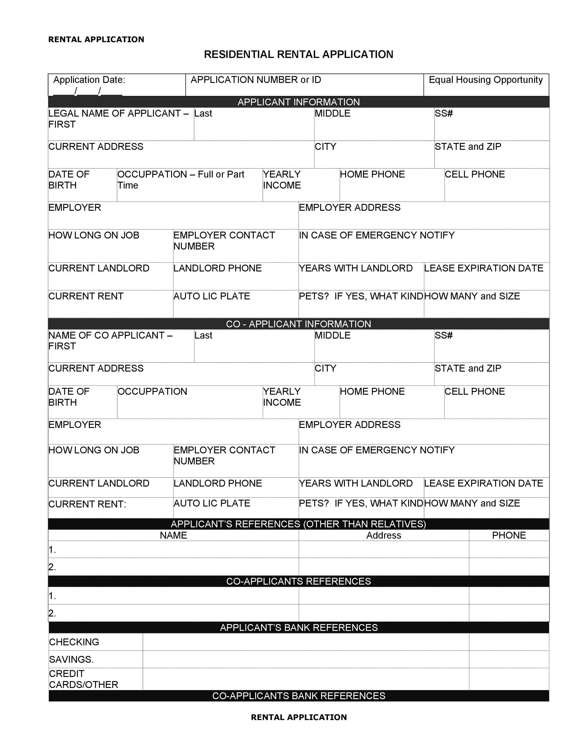 Free Printable Home Rental Applications