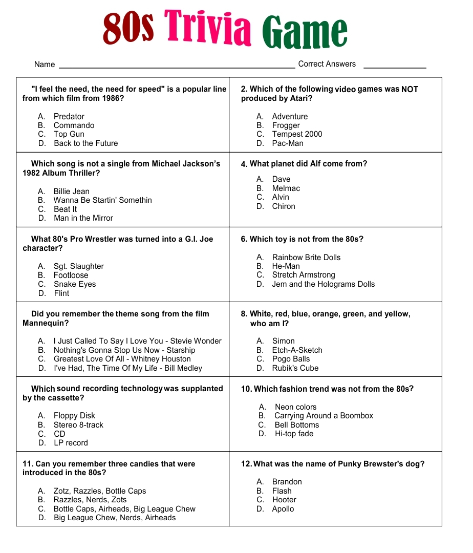 80s Movie Trivia 10 Free PDF Printables Printablee