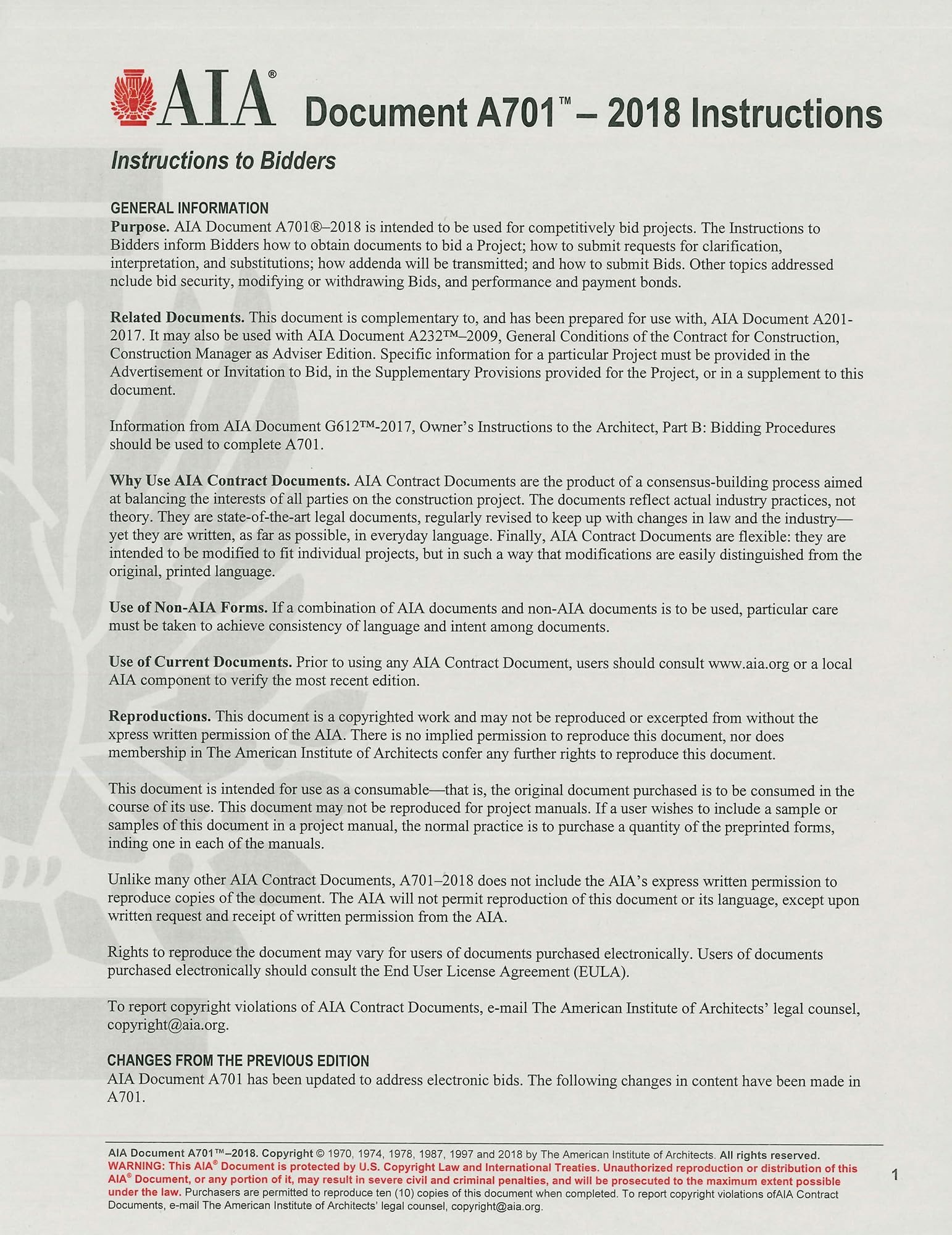 AIA Documents A701 Only Inlcudes A701 2018 General Conditions AIA 0810164341761 Amazon Books