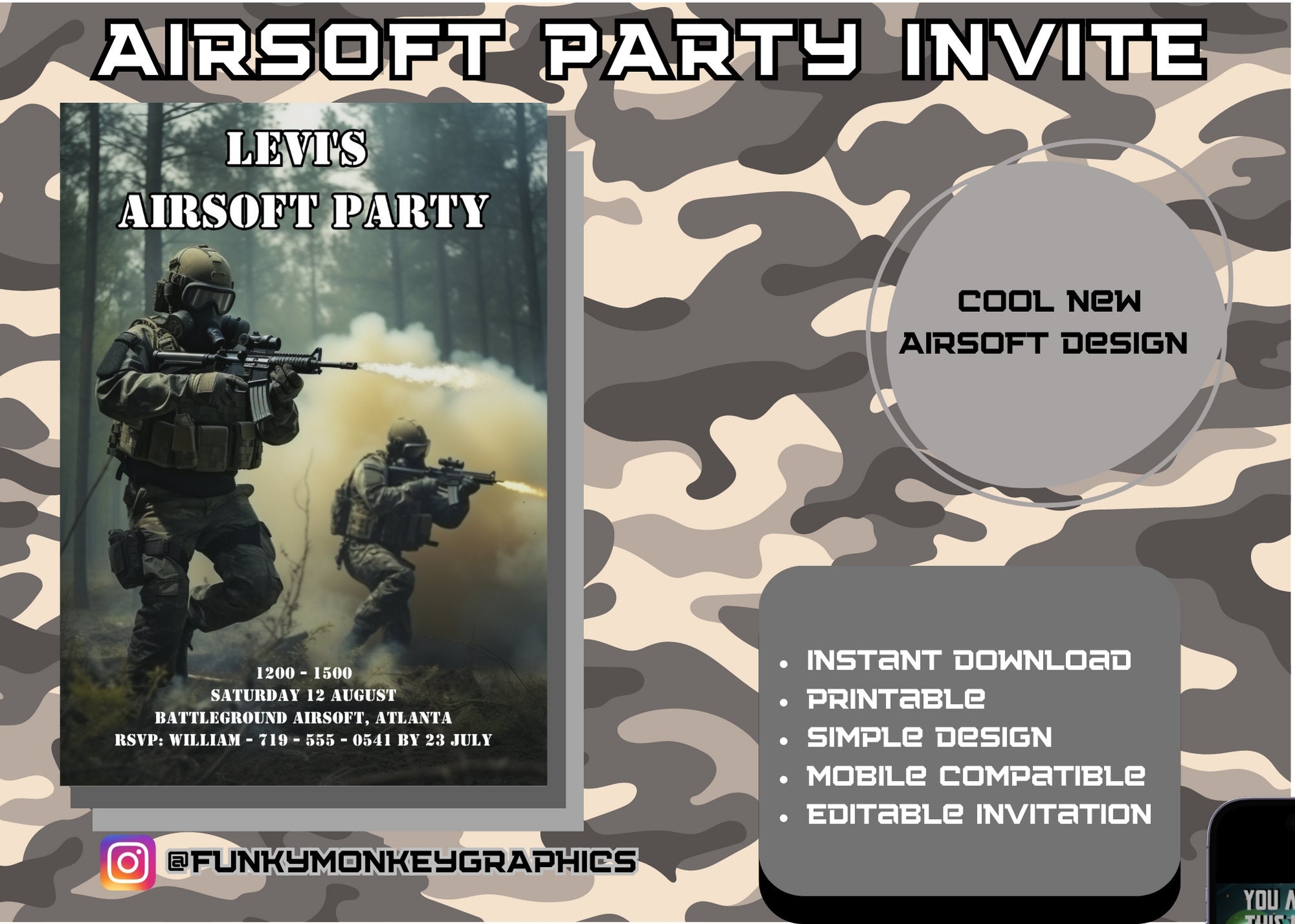 AIRSOFT Birthday Party Airsoft Airsofting Invitation Template Digital Download Editable Invitation Printable Mobile Friendly Etsy