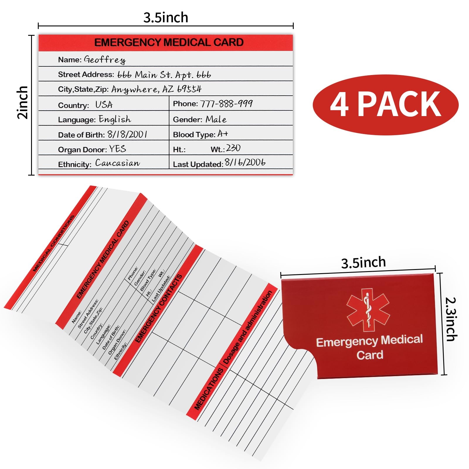 Amazon 4 Pack Emergency Medical Information Id Card Red Medical Condition And Emergency Contact Id Wallet Card Medical Alert Wallet Card Pocket Size Medication List And Medical Cards For Caretakers Red 