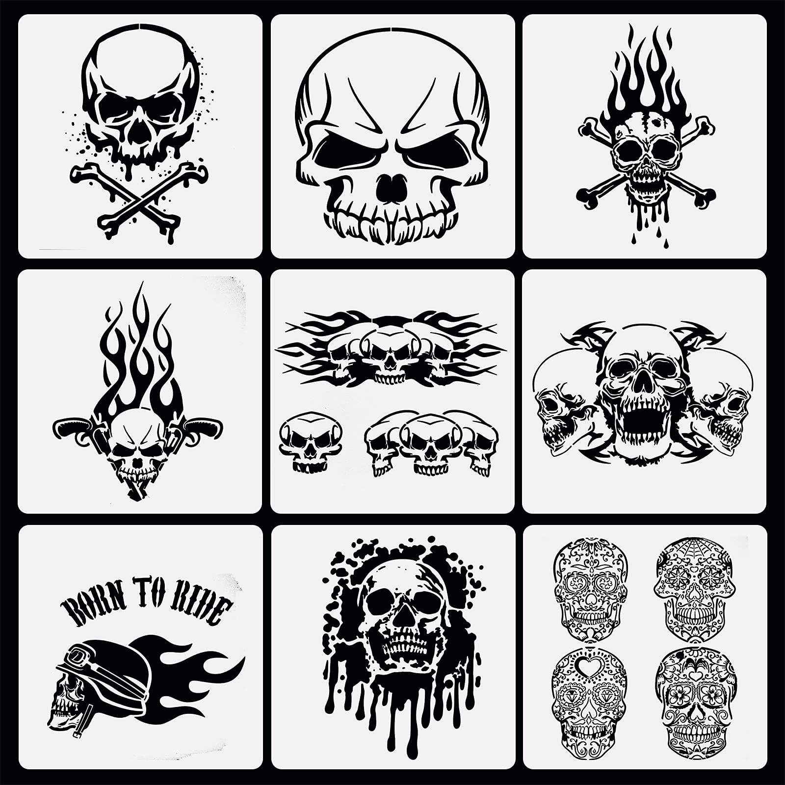 Amazon 9 Pieces Skull Stencils Painting Art Templates Stencils Skull For Scrapbooking Drawing Tracing Scary Head Stencils DIY Furniture Wall Floor Decor Kid Friendly DIY Stencils 12 X 12 Inch Arts 