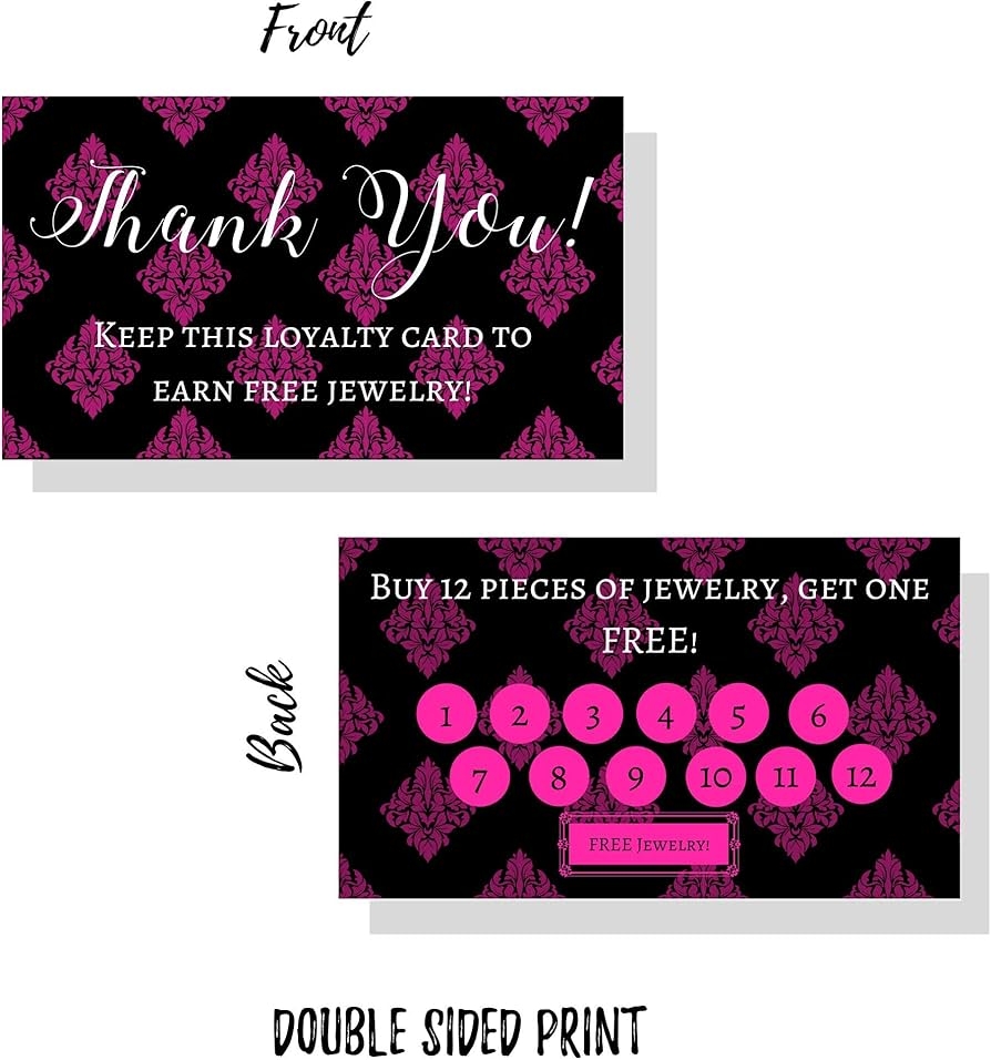 Amazon Jewelry Loyalty Cards 50 Pk Of Cards Thank You Notes Black And Pink Fleur 5 Bling Buy 12 Get One Piece Of Jewelry Free Office Products