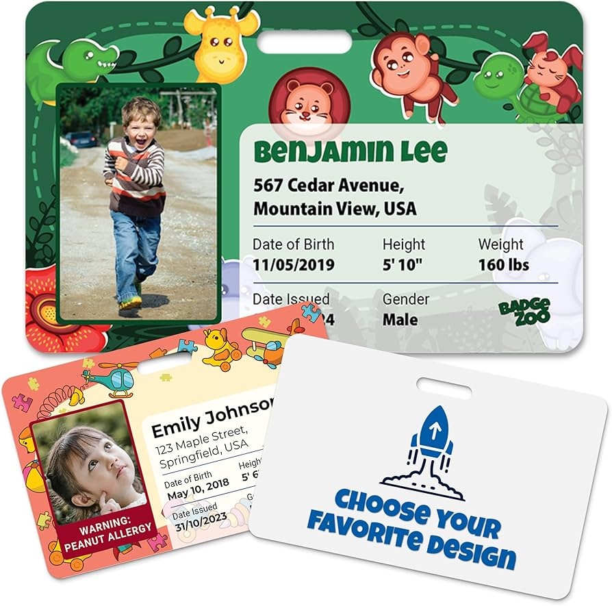 Amazon Kids Safety ID Card Custom Printed Emergency Contact ID For Children Personalized Child Travel Identification Badge Lost Child Prevention Protection Customizable Photo ID Wallet Card Office Products