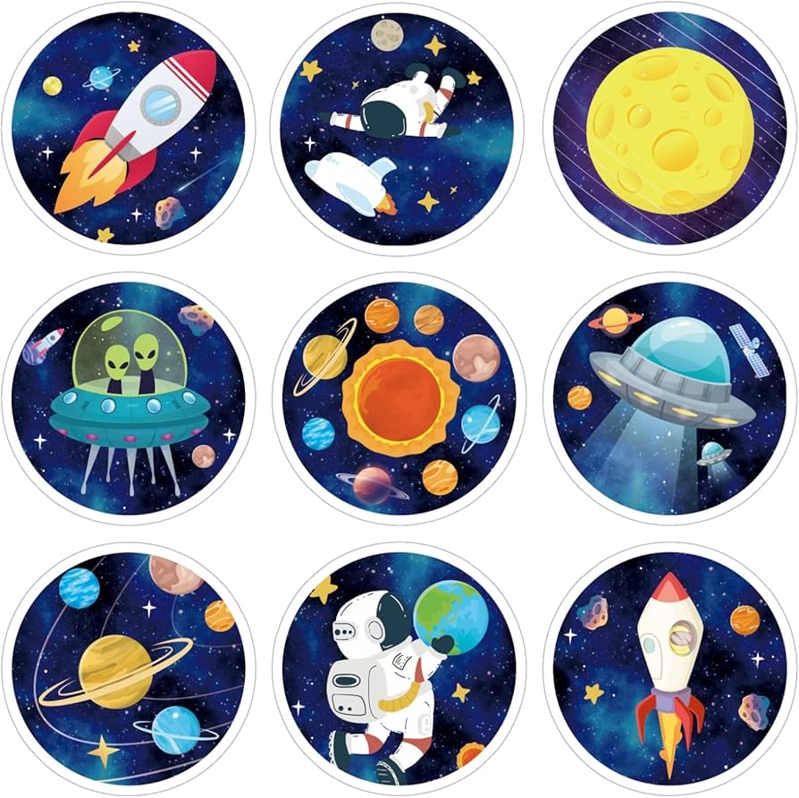 Amazon Space Stickers 180 Pcs Round Space Planet Sticker Kit Alien UFO Decoration Space Party Supplies Rocket Favors Toys Games
