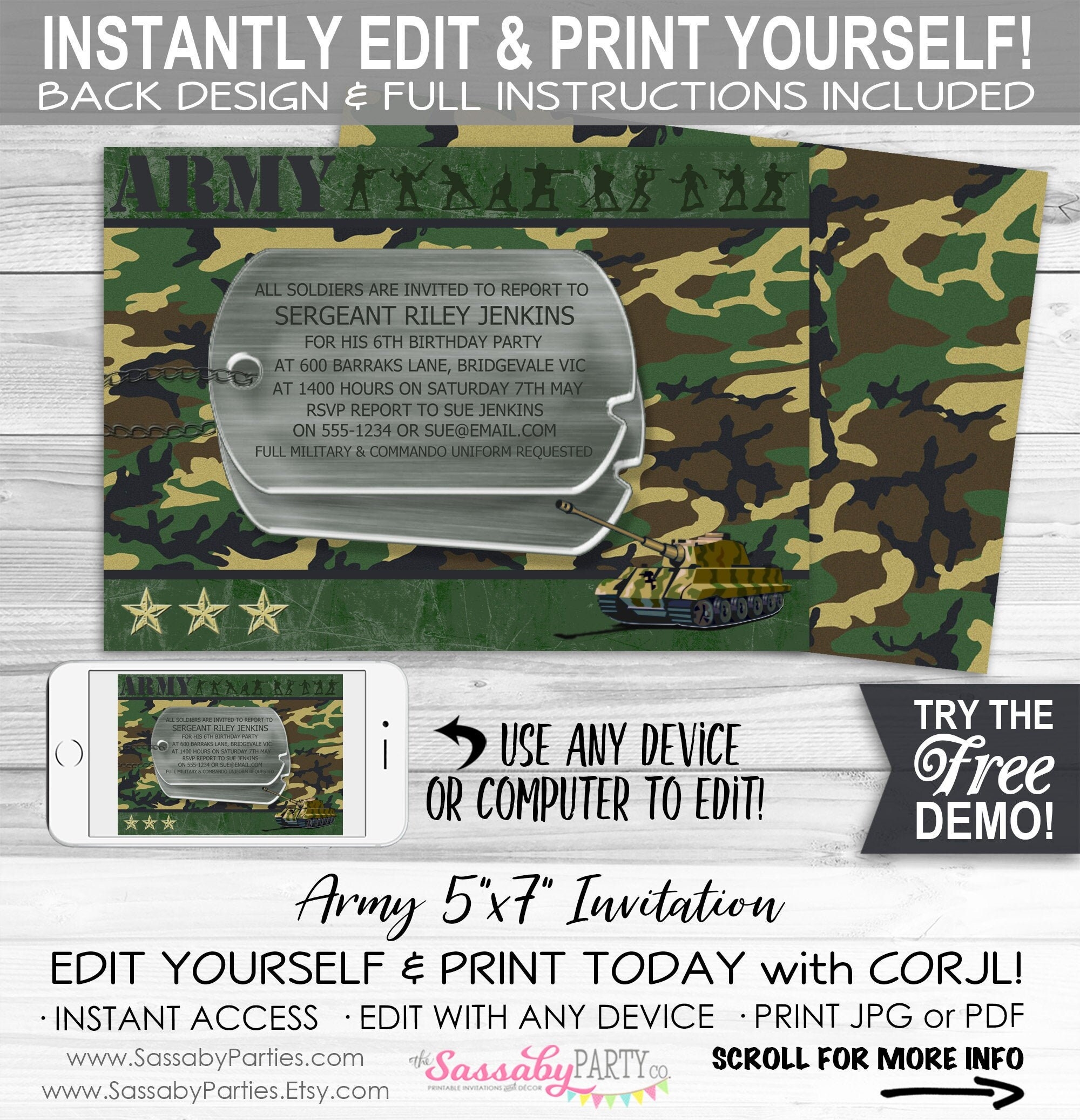 Army Party Invitation INSTANT DOWNLOAD Editable Printable Boys Birthday Invite Military Camouflage Soldier Green Dog Tags Etsy