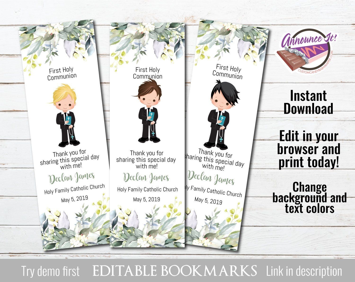 Boy First Communion Bookmark First Communion Favors Editable Communion Bookmark Personalized Primera Comunion Etsy
