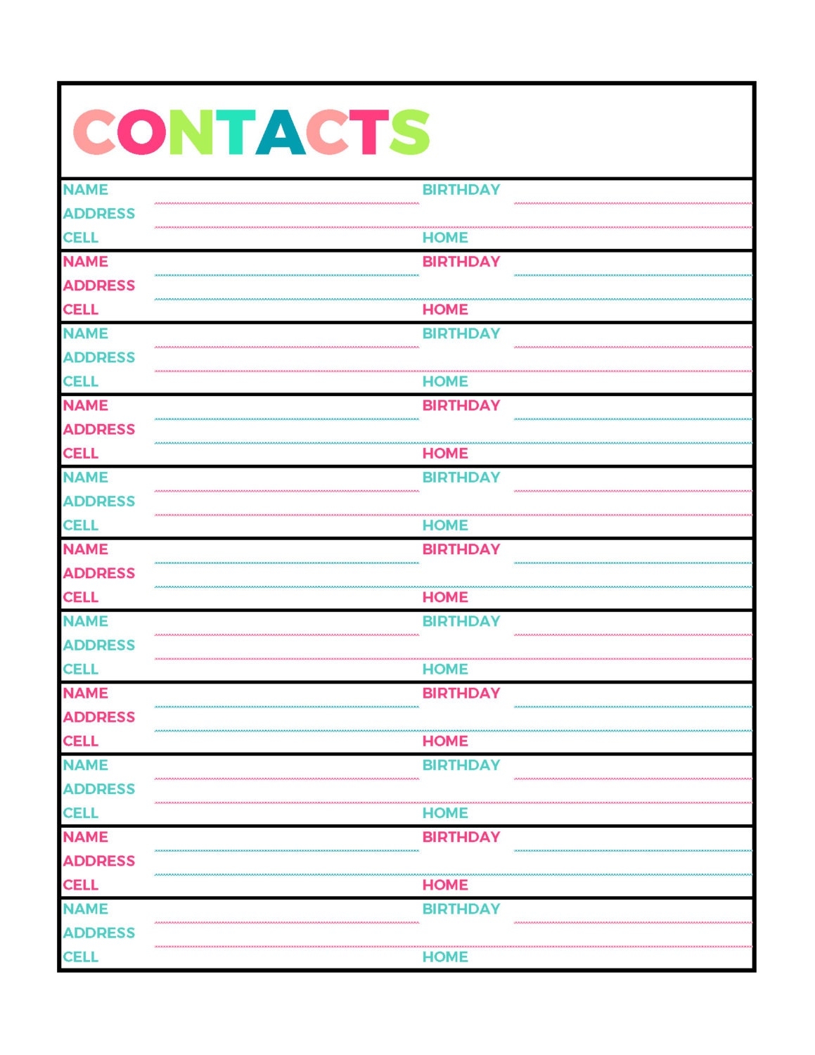 Bright Contacts Address Book Printable Page Letter Size PDF Home Binder Planner Instant Download Etsy