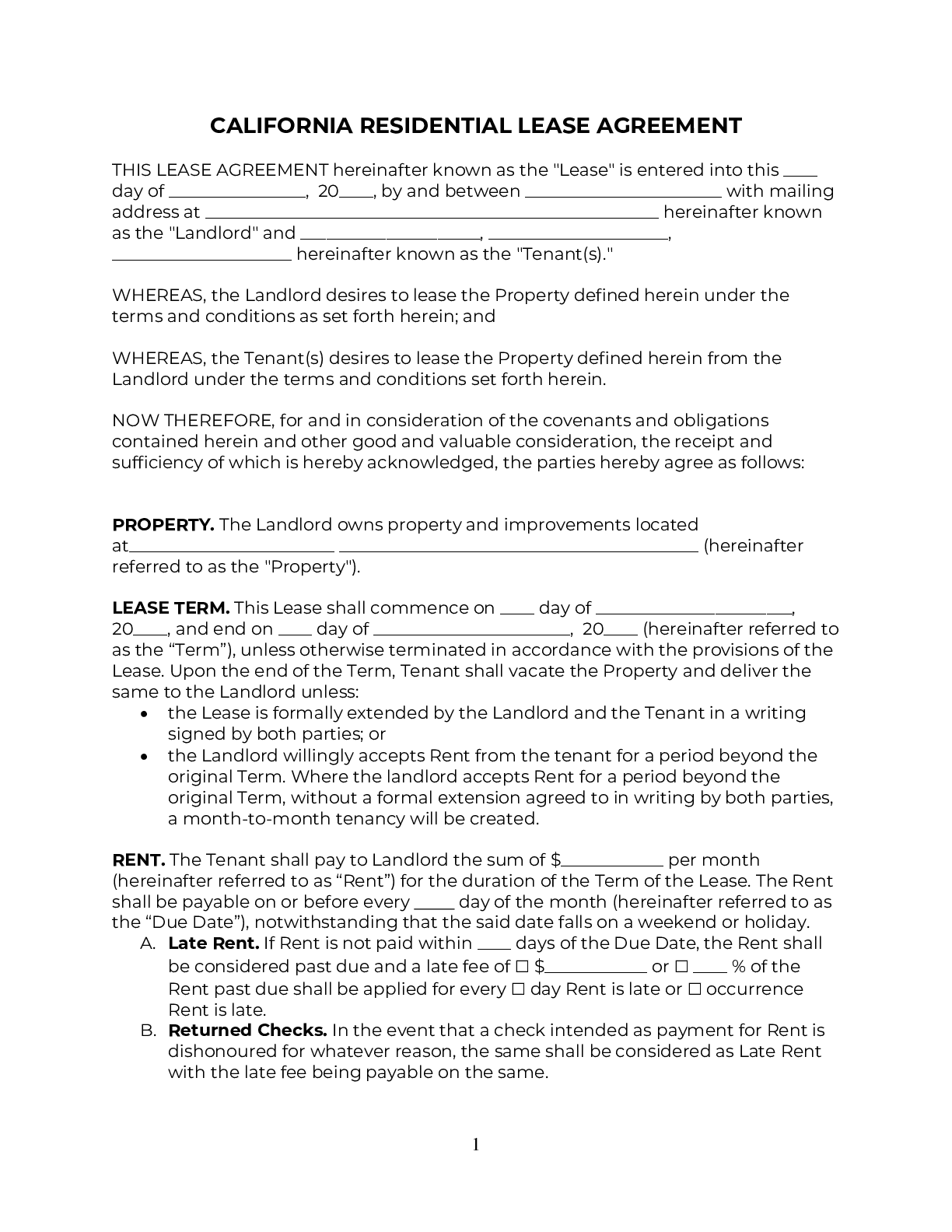 California Rental Lease Agreement Template 2024 PDF DOC