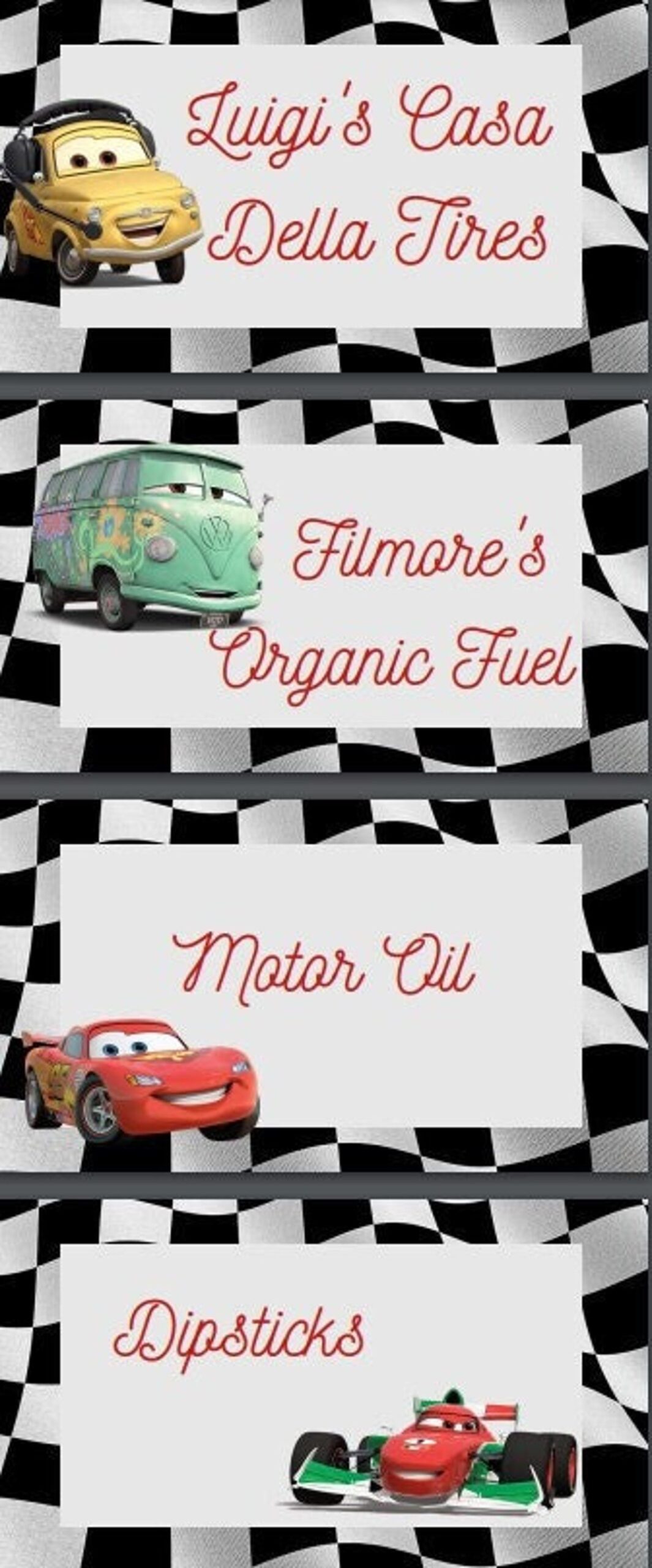 Cars Movie Food Tags Etsy