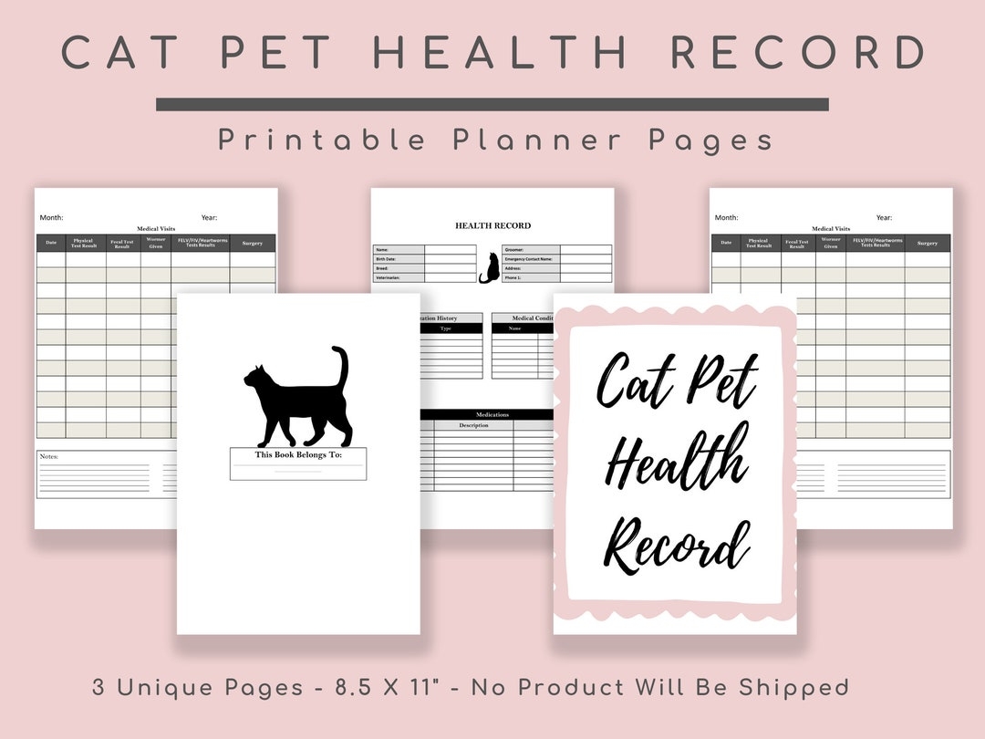 Cat Health Record Pet Planner Veterinary Visits Wormer Given Vet Organizer Vaccine Logbook Feline Fecal Records Etsy