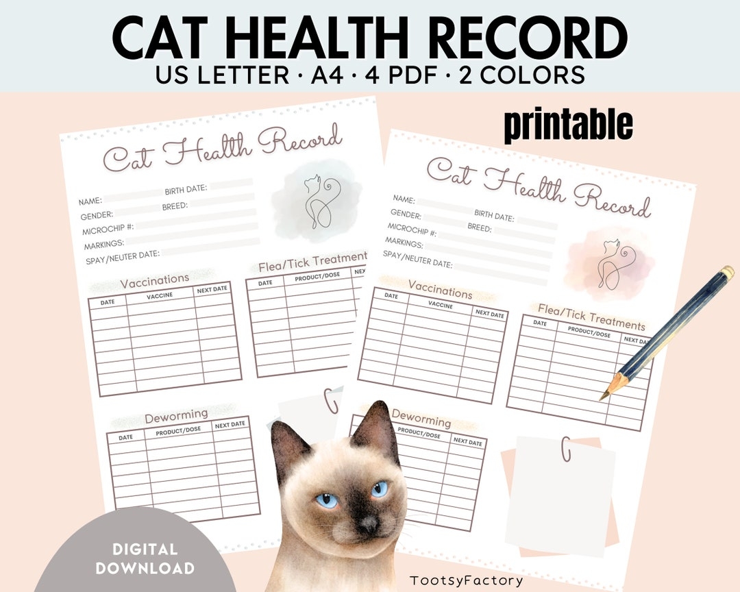 Cat Health Record Printable Cat Shot Record Kitten Kitty And Cat Vaccination Breeder Records Cat Owner Template Instant Download Etsy