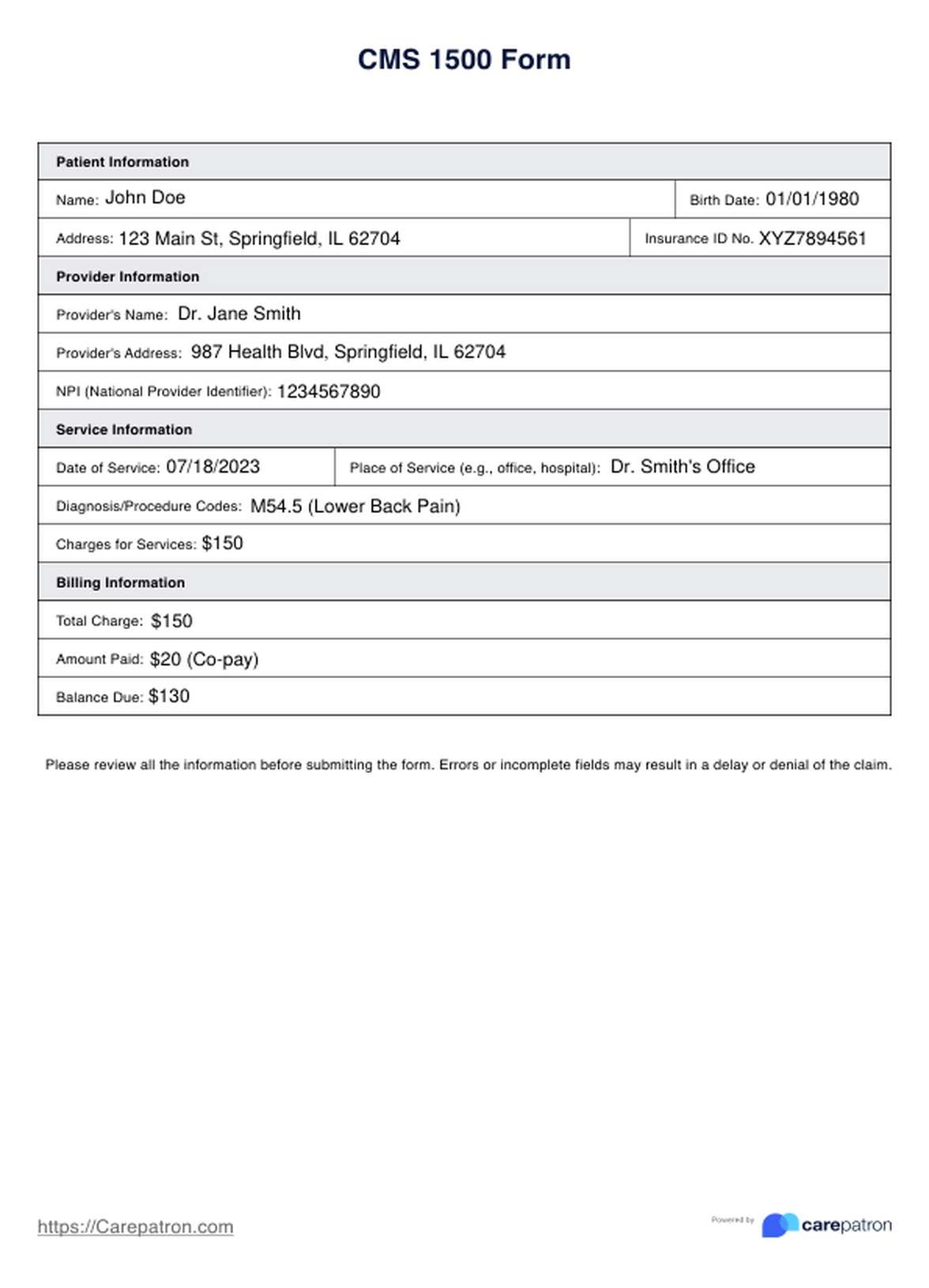 CMS 1500 Form Example Free PDF Download