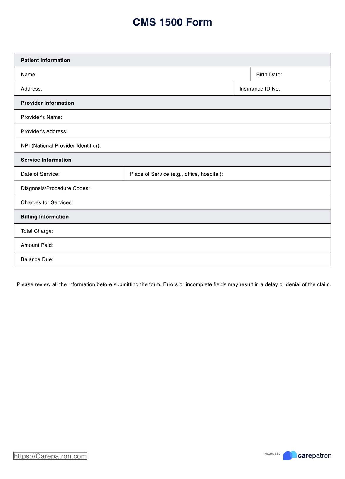 CMS 1500 Form Example Free PDF Download