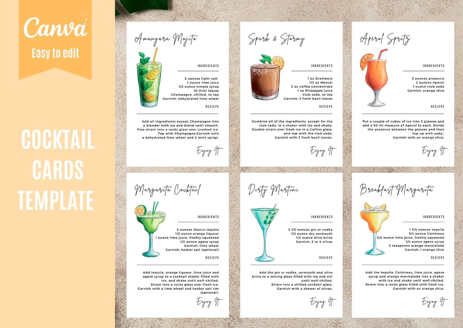 Cocktail Recipe Card Template Canva Drink Recipe Cards Printable Bar Drink Recipe Card Editable Recipe Card DIY Recipe Cards Ingredient