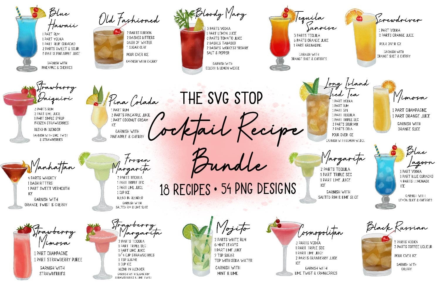 Cocktail Recipes Printable Bundle Watercolor Cocktails Illustrations Cocktail Sublimation Printable Cocktail Designs For Printing Etsy