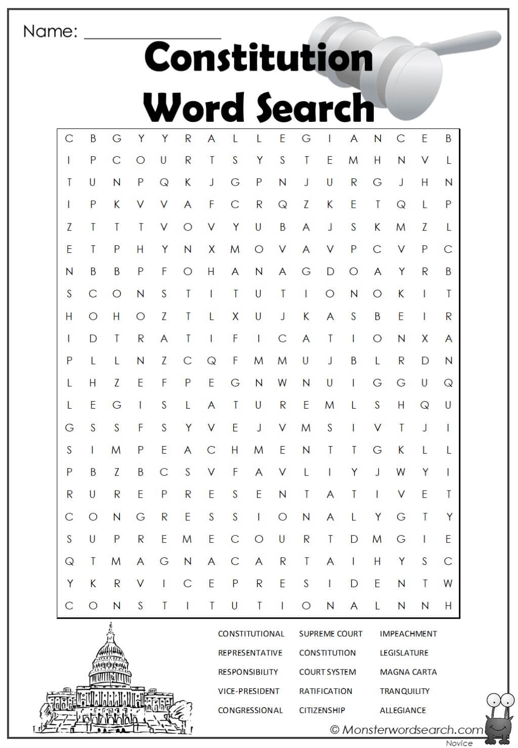 Constitution Word Search Monster Word Search