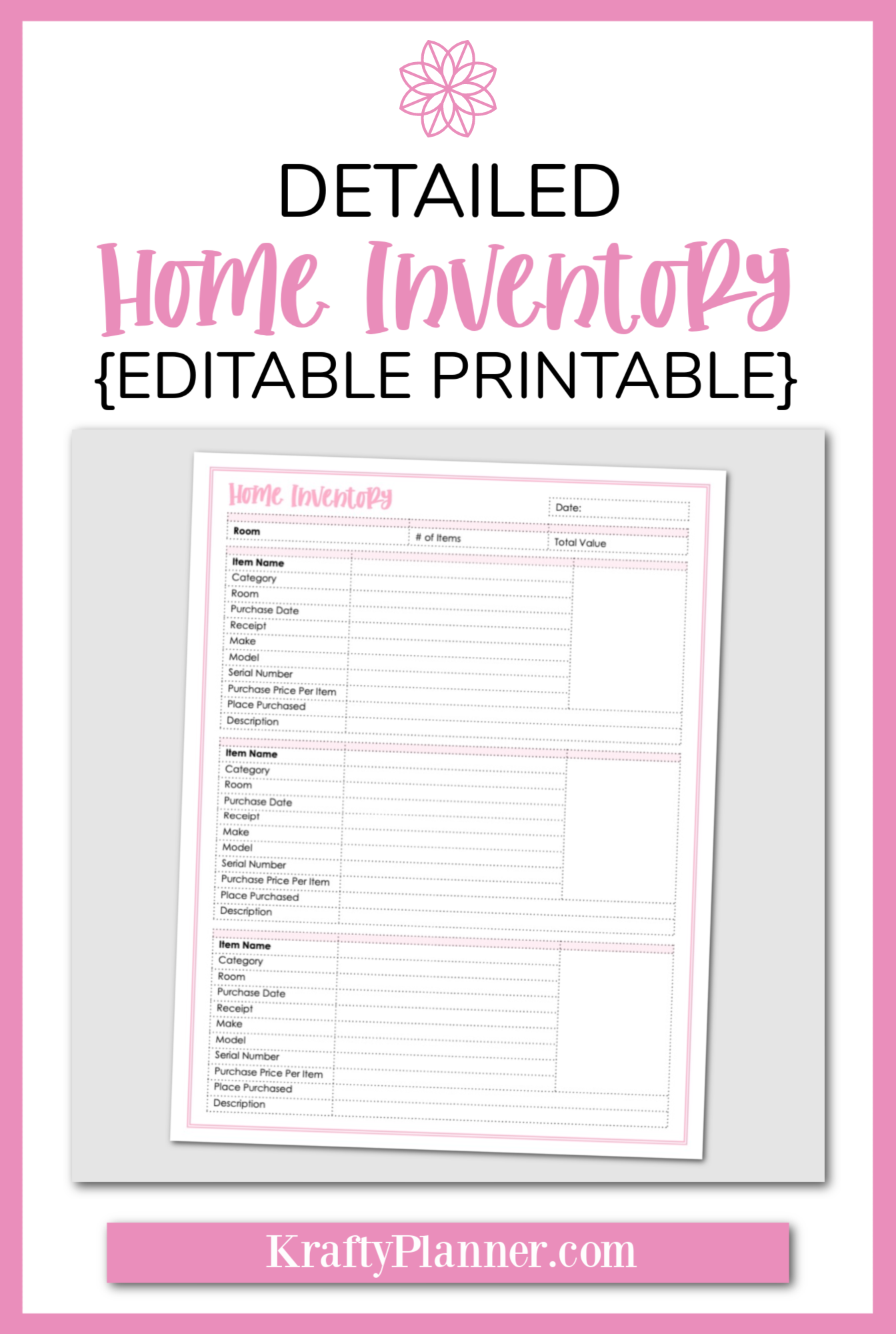 Detailed Home Inventory Add On Editable Printable Krafty Planner