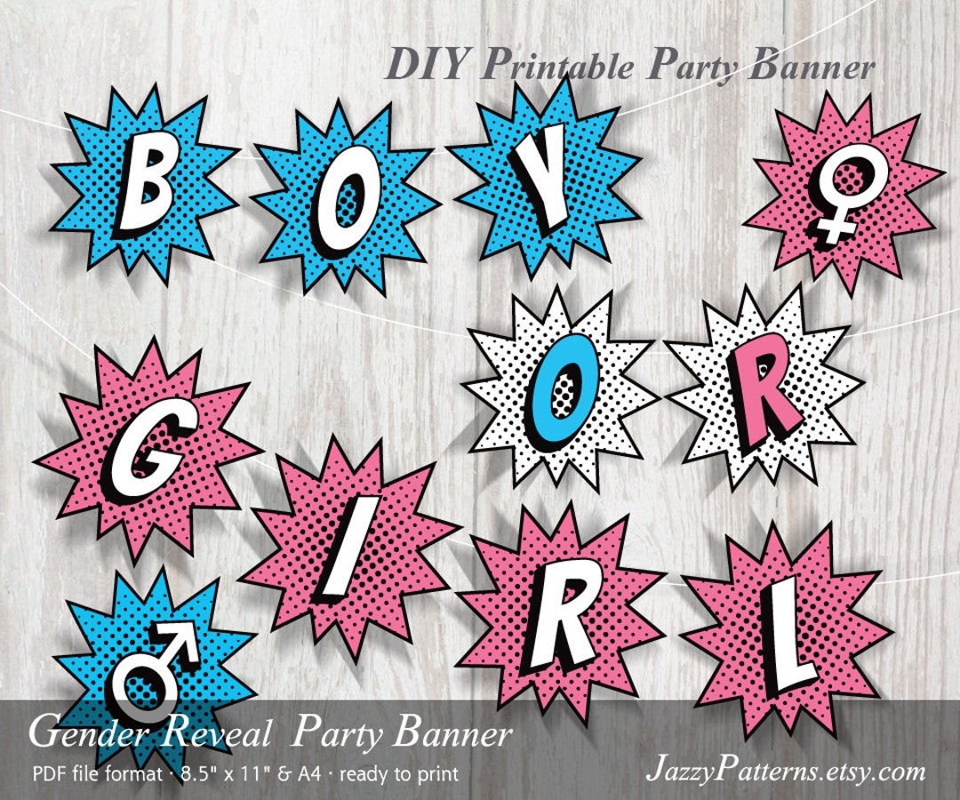 DIY Boy Or Girl Gender Reveal Party Printable Banner Comic Book Style In Pink And Blue PB008 Instant Download Etsy Sweden