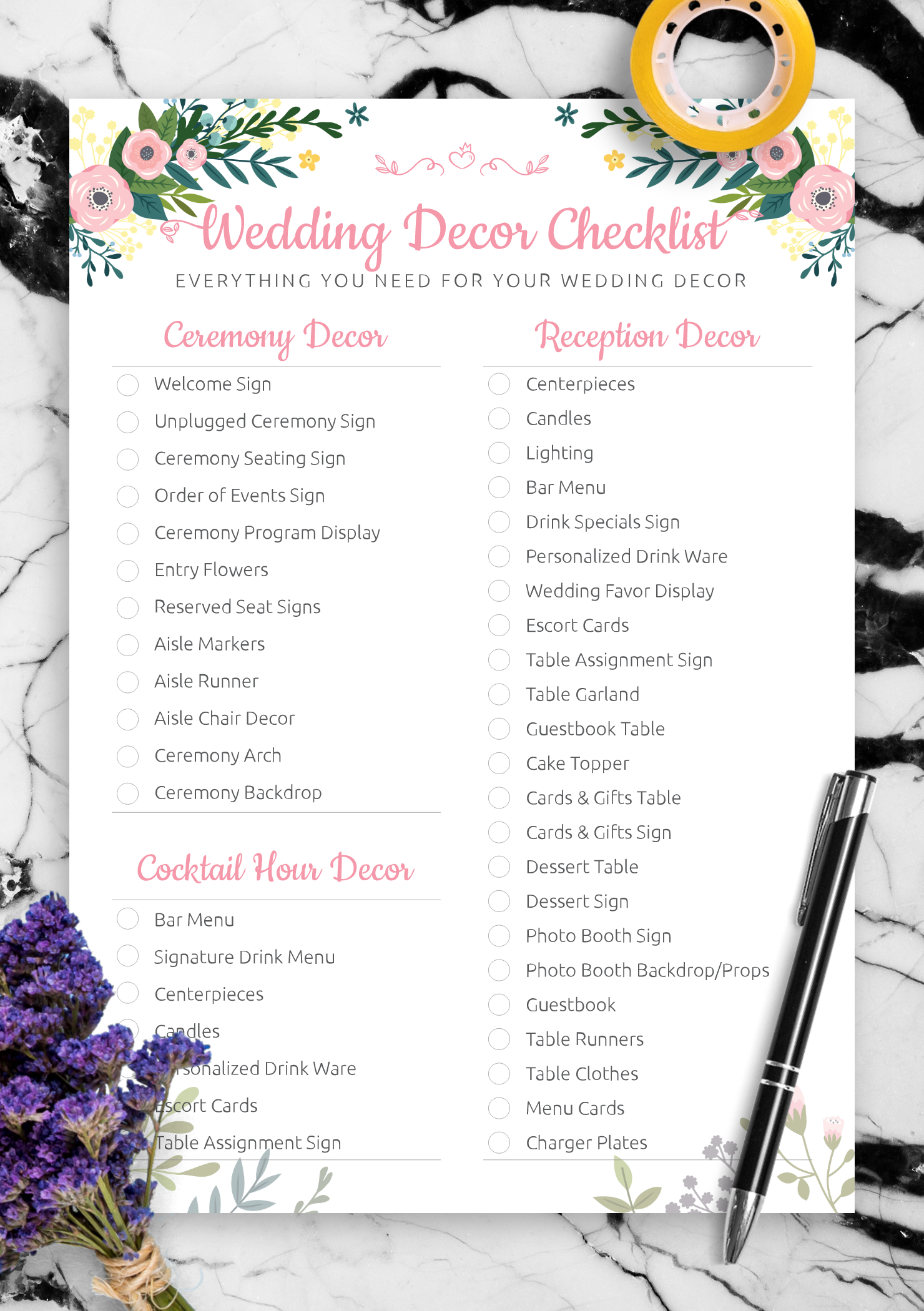 Download Printable Wedding Decor Checklist Shabby Chic Style PDF
