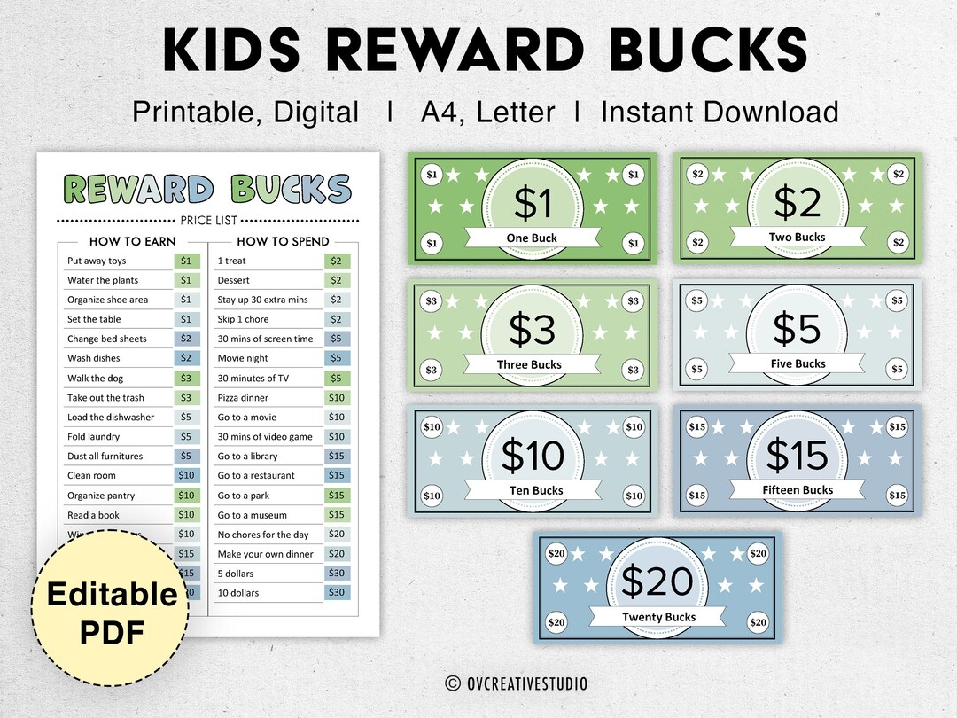 Editable Kids Reward Bucks Printable Mom Bucks PDF Reward System For Kids Chore Bucks Good Behavior Bucks Play Money Pretend Money Etsy