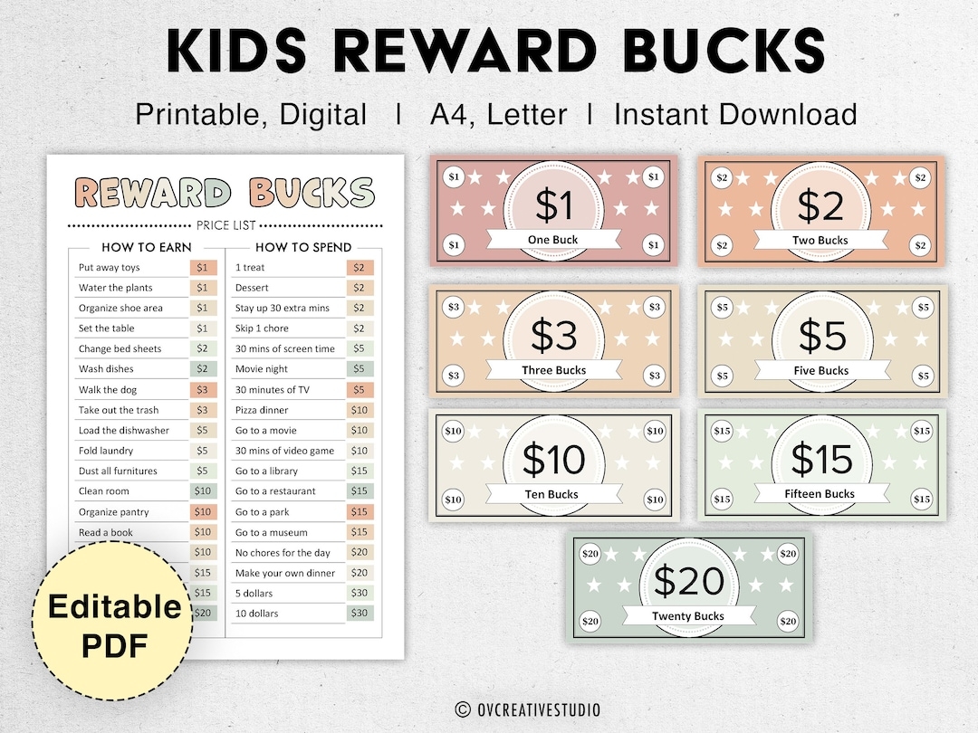 Editable Kids Reward Bucks Printable Mom Bucks PDF Reward System For Kids Chore Bucks Good Behavior Bucks Play Money Pretend Money Etsy