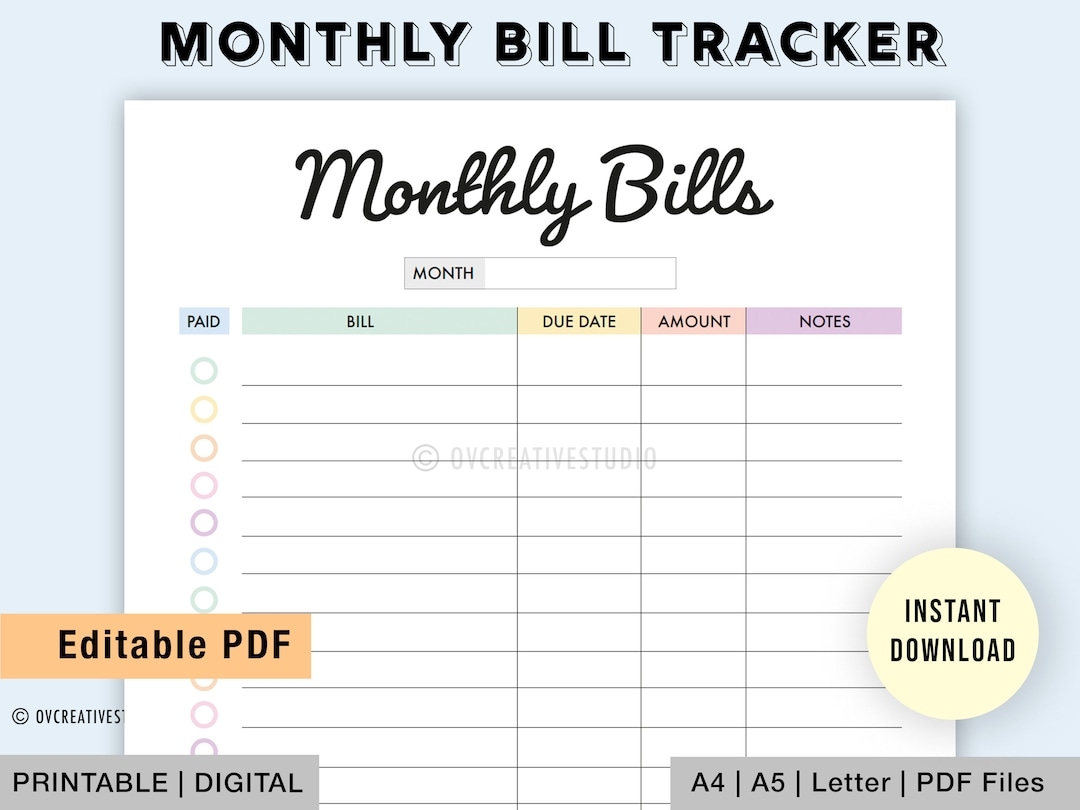 Editable Monthly Bill Tracker Bill Planner Monthly Bill Log Bill Payment Checklist Bill Payment Tracker Printable Digital PDF Etsy