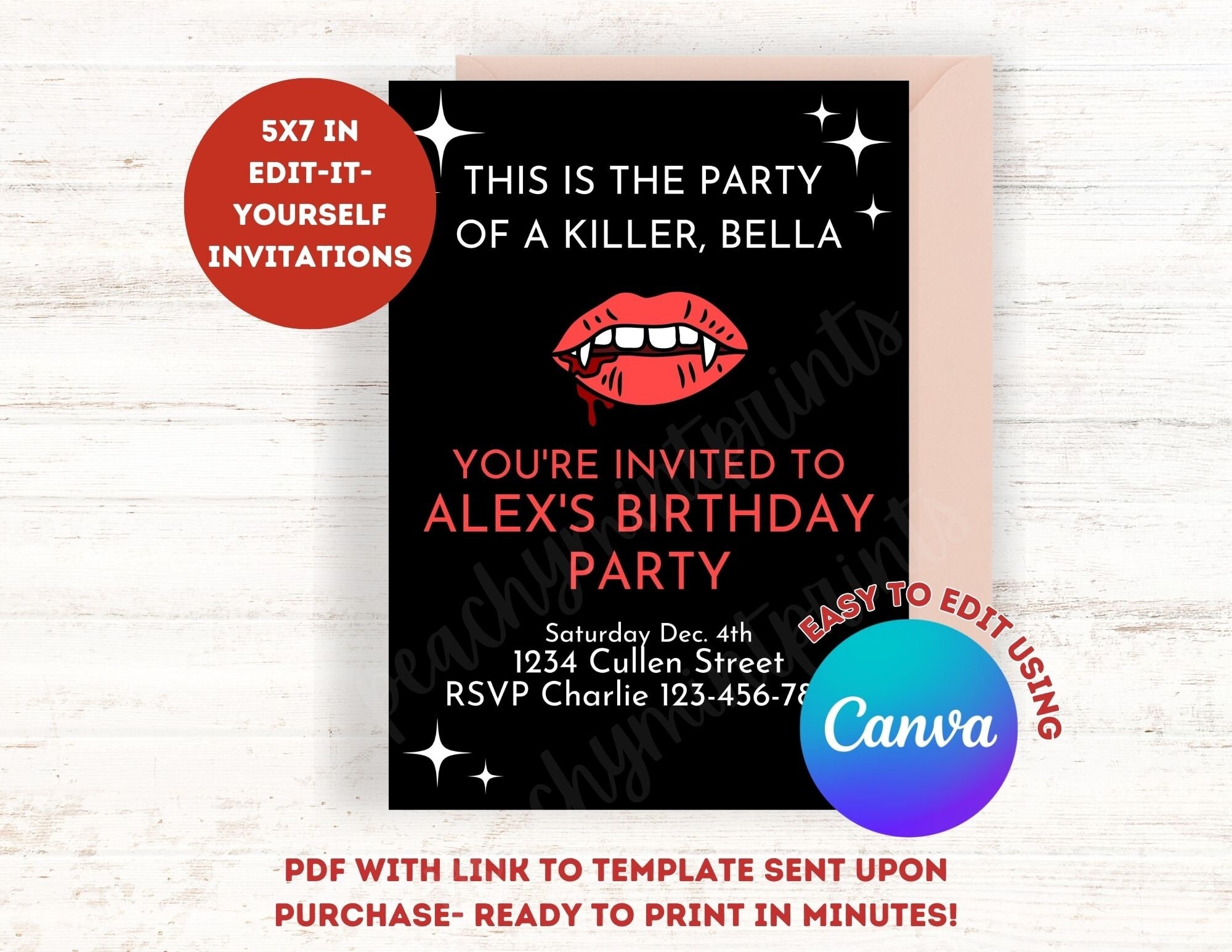 Editable Twilight Moon Vampire Birthday Party Invitation Black And Red Etsy