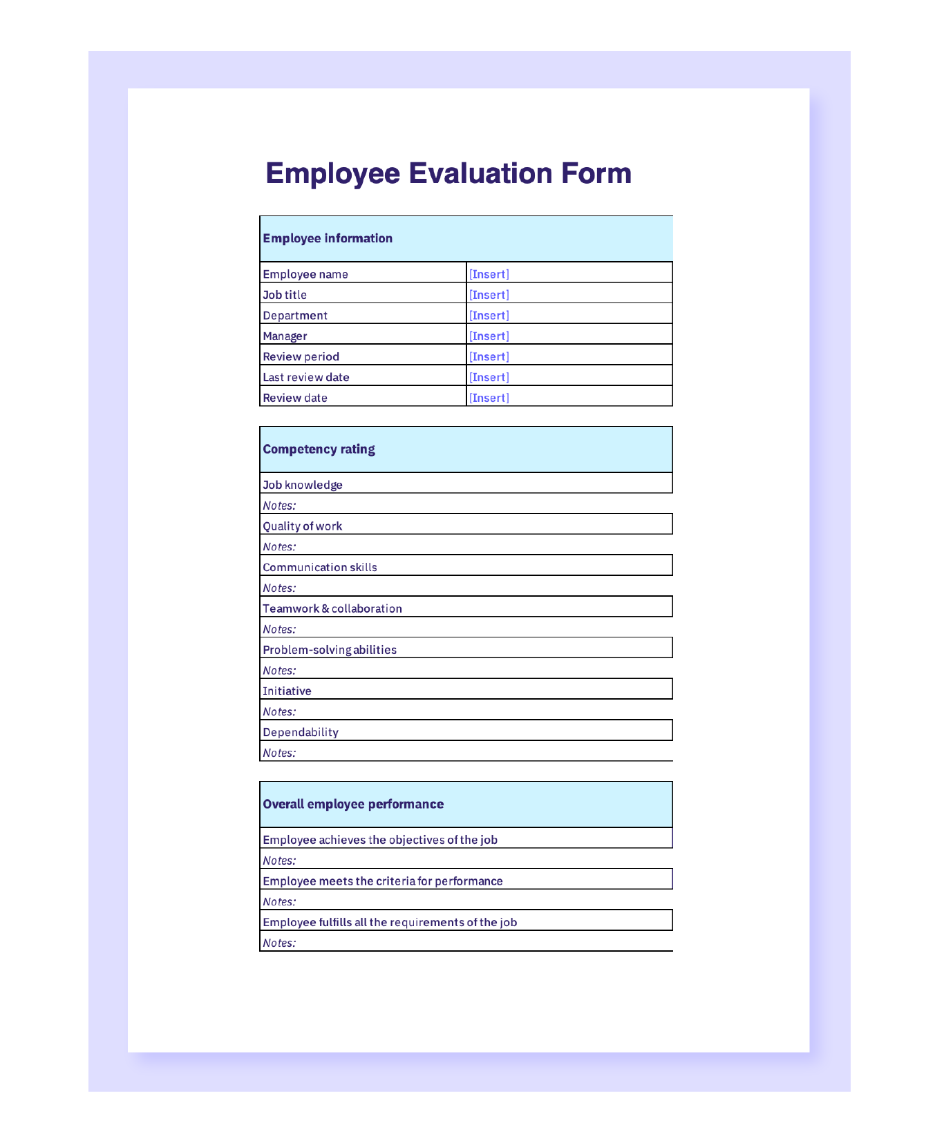 Employee Evaluation Forms Free Printable