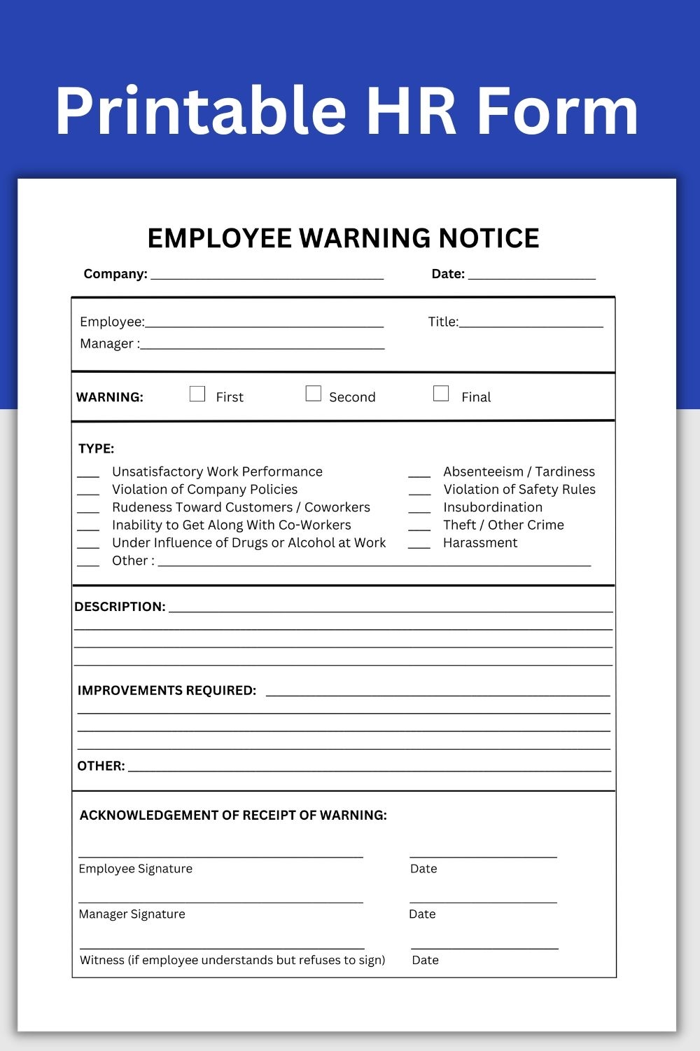 Employee Warning Notice Write Up Form Printable