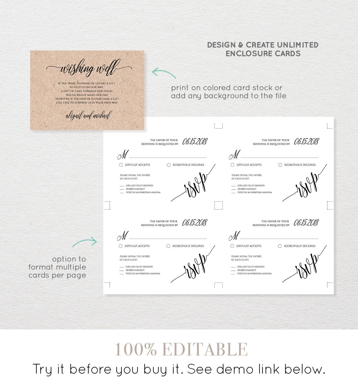 Enclosure Card Template Printable Insert Card Editable File For Wedding Details RSVP Gift Registry Wishing Well 101EC 014 020 022 023