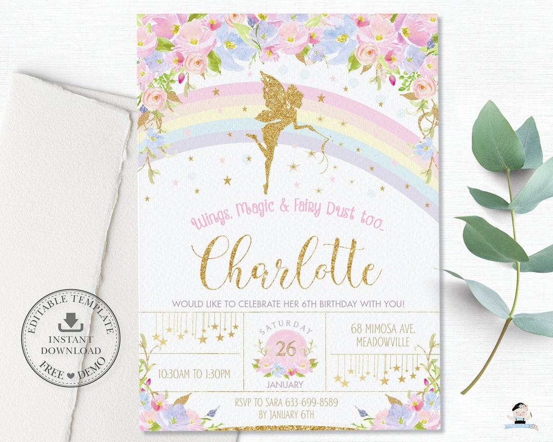 Fairy Invitation EDITABLE TEMPLATE Pink Floral Rainbow Fairies Printable Birthday Baby Shower Invite Gold Glitter Pdf INSTANT Download FF5 Etsy