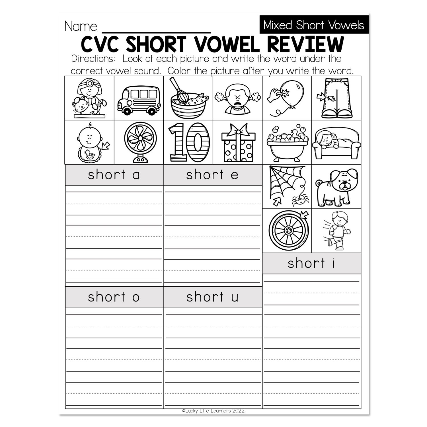 Fall Early Finishers 1st Grade ELA Mixed Short Vowels CVC Short Vowel Review Lucky Little Learners