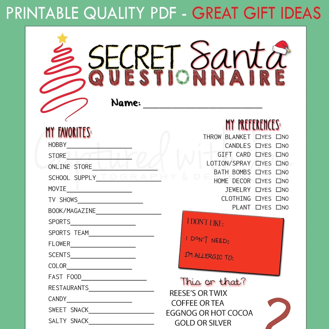 FILLABLE Printable PDF Secret Santa Questionnaire For Gift Exchange Work Or Personal Etsy