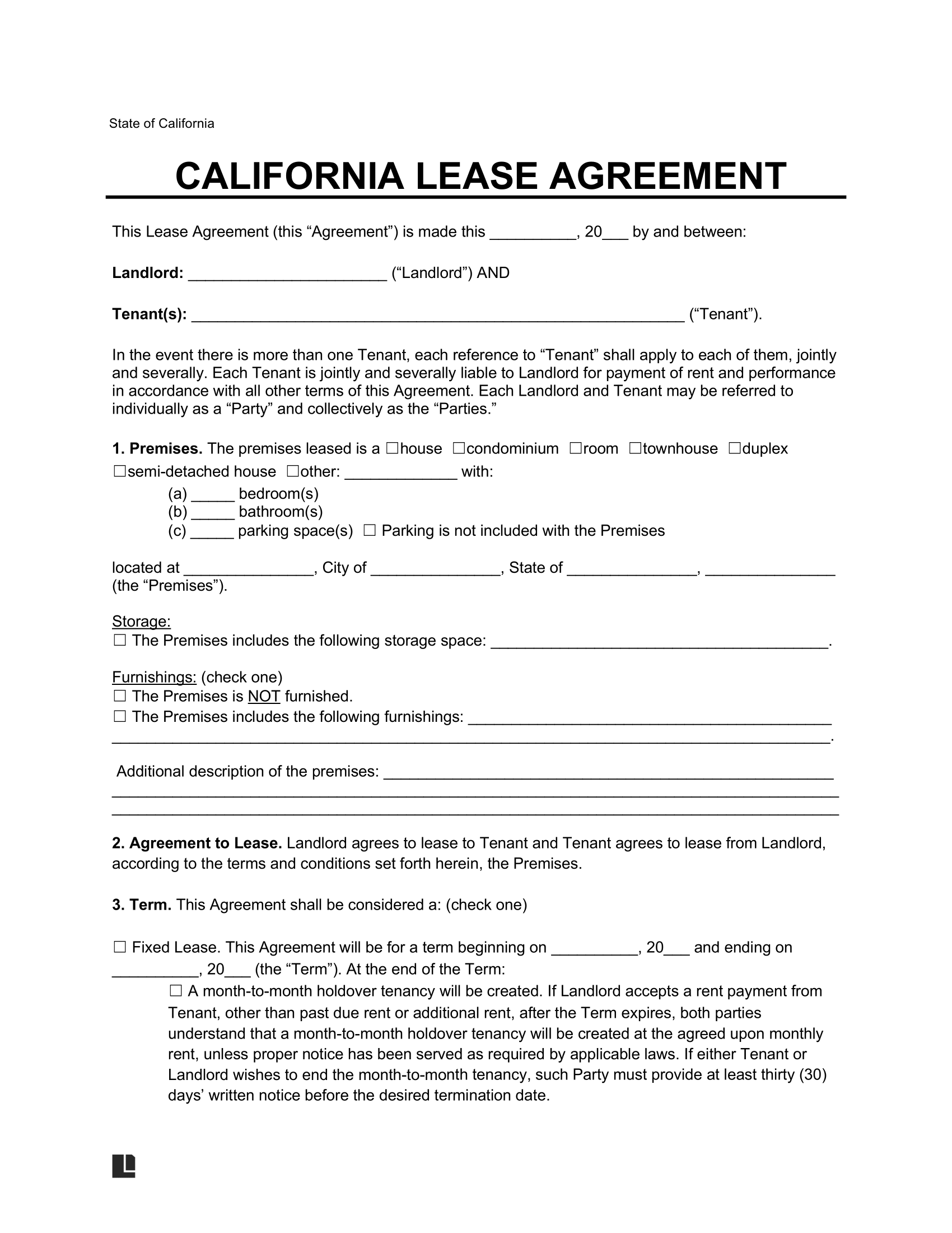 Free California Lease Agreement Templates 6 PDF Word