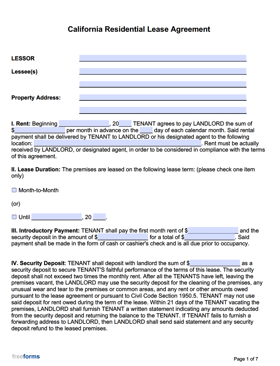 Free California Rental Lease Agreement Templates PDF Word