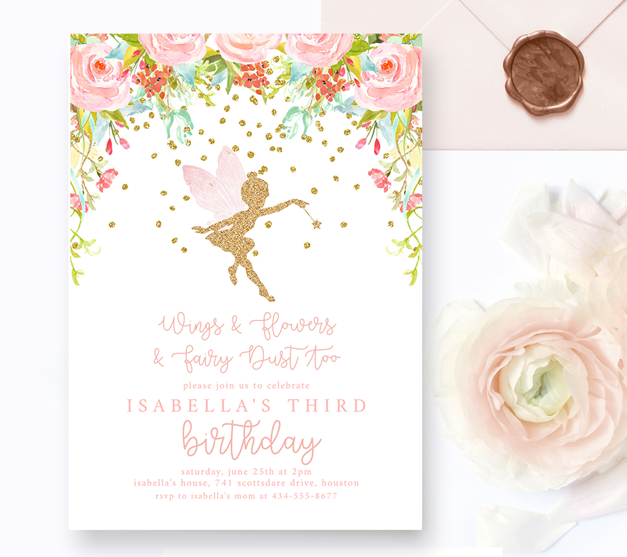 Free Editable Birthday Party Invitation Template Fairy Dust Watercolor Flowers Gold Glitter Instant Download Printable Instantly Personalize Printable Market
