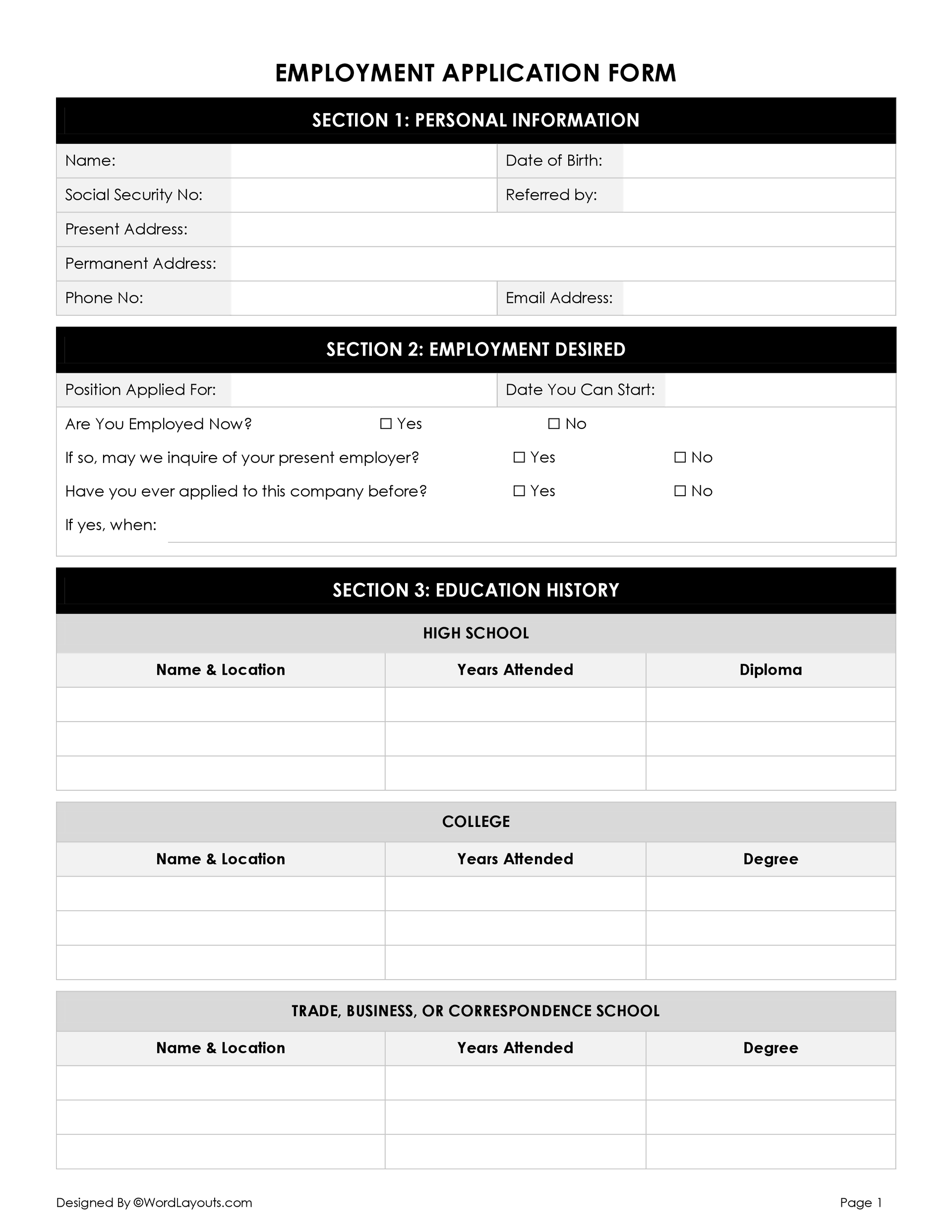 Application For Employment Free Printable