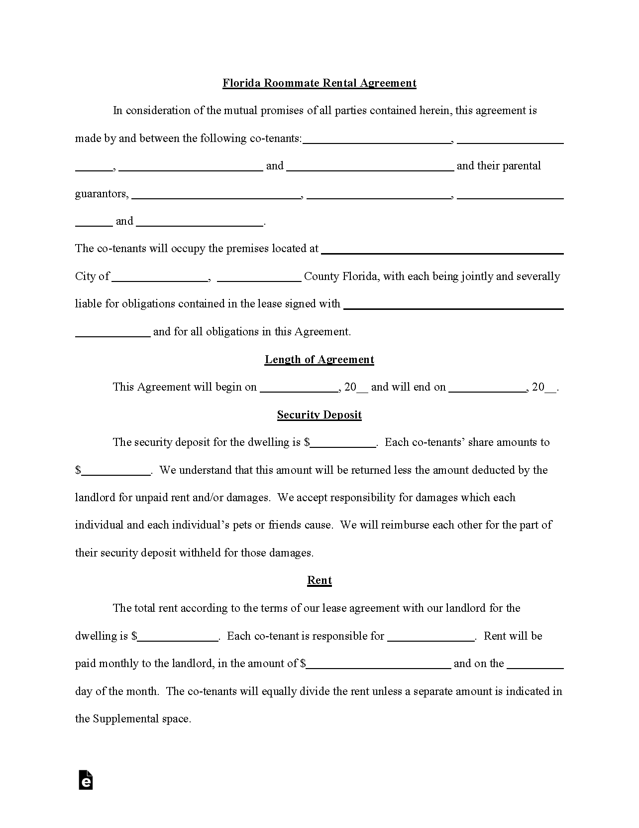 Free Florida Roommate Agreement Template PDF WORD RTF