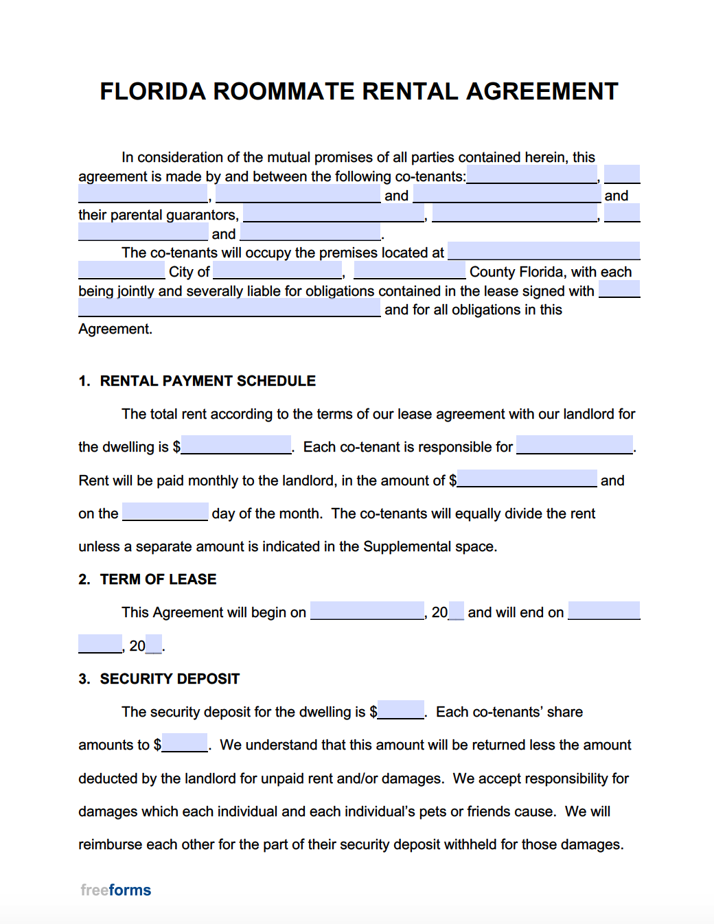 Free Florida Roommate Agreement Template PDF Word