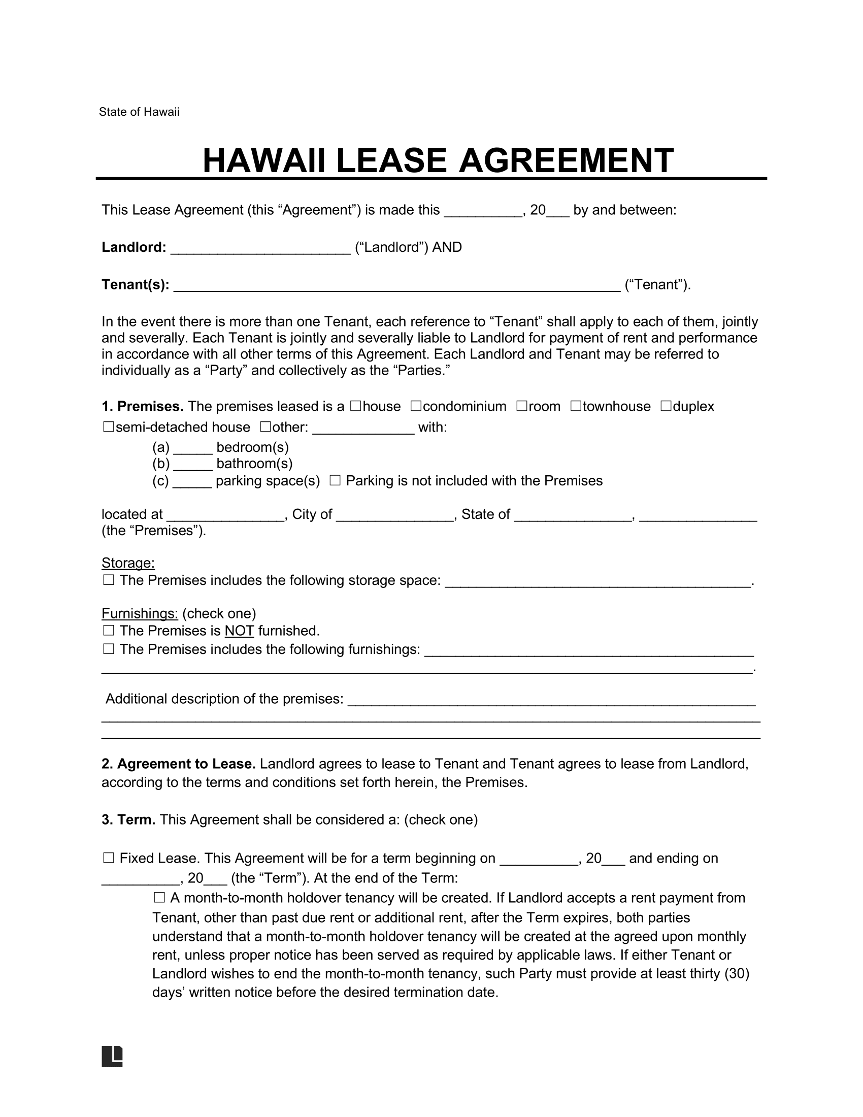 Free Hawaii Lease Agreement Templates 6 PDF Word